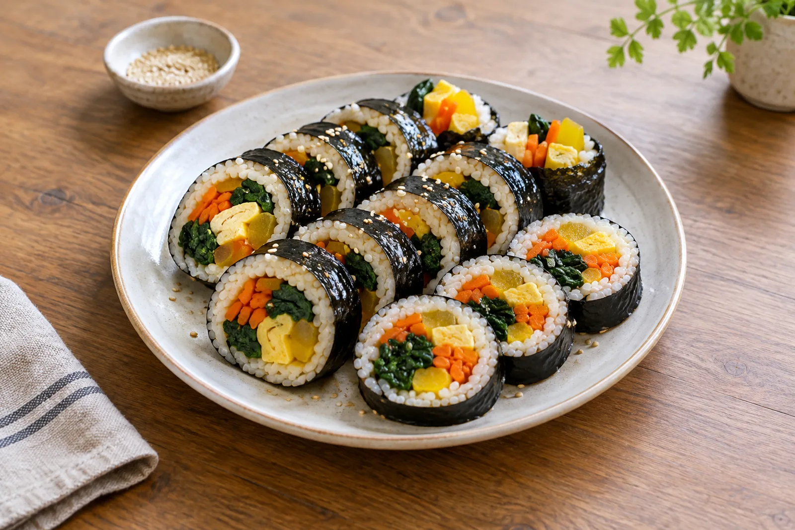 Koreanske kimbap-ruller i skiver, der viser spiraler af ris, æg, gulerod, spinat og gul radise