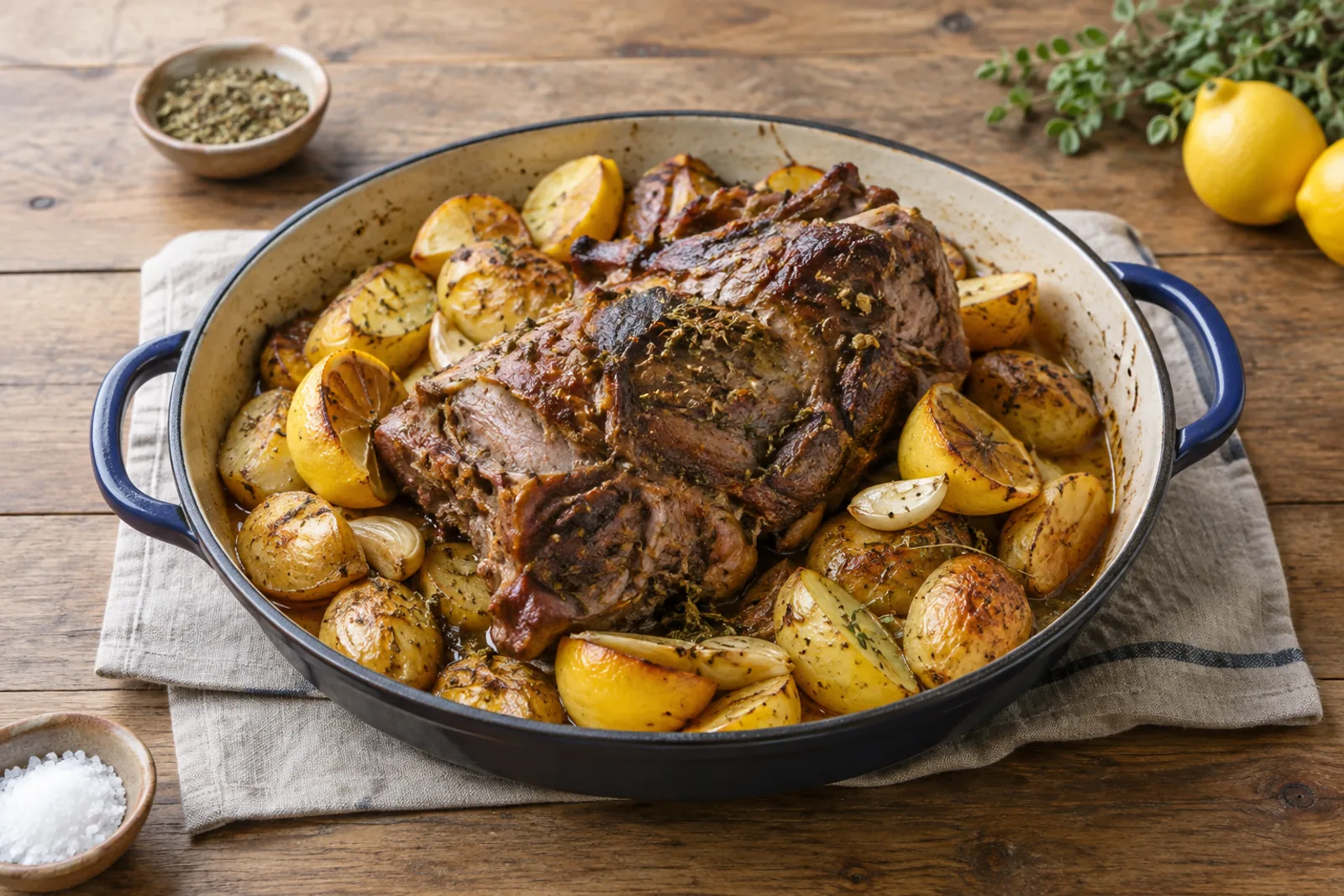 A foil parcel opened to reveal falling-apart lamb shoulder with potatoes, lemon and oregano
