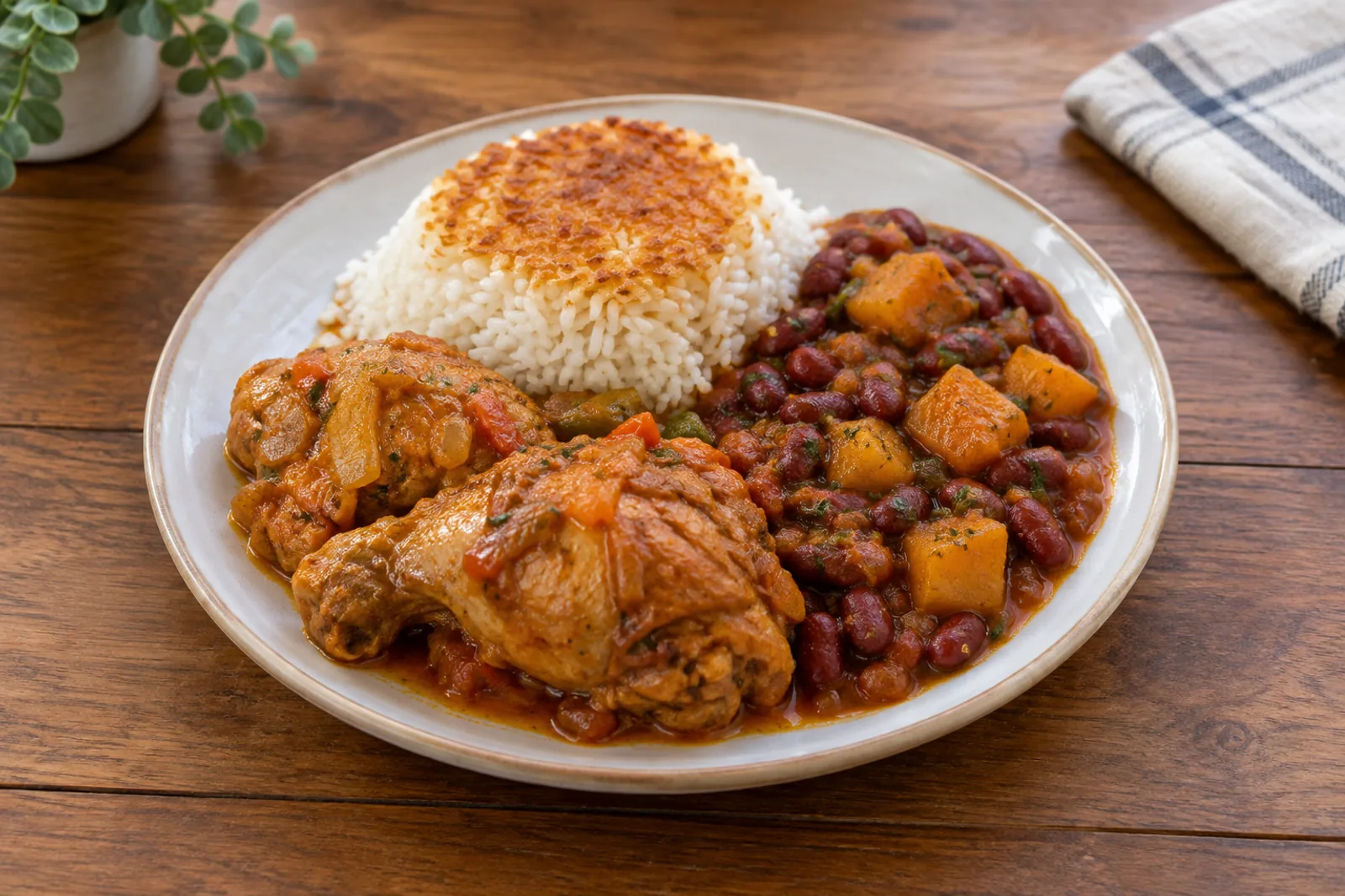 A plate of white rice, stewed red beans and braised chicken