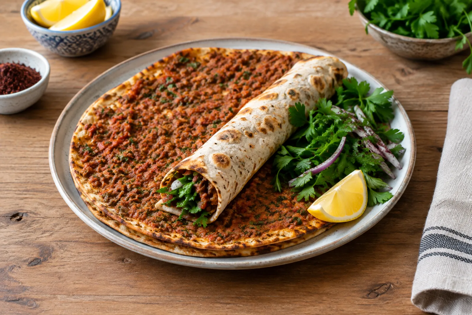 Lahmacun on a board topped with minced lamb, parsley and lemon, one rolled up
