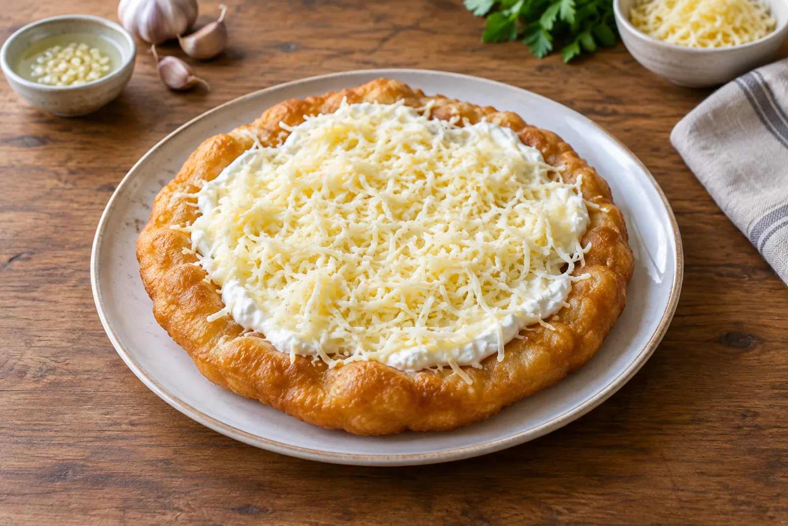 A large puffed golden fried flatbread topped with soured cream and grated cheese