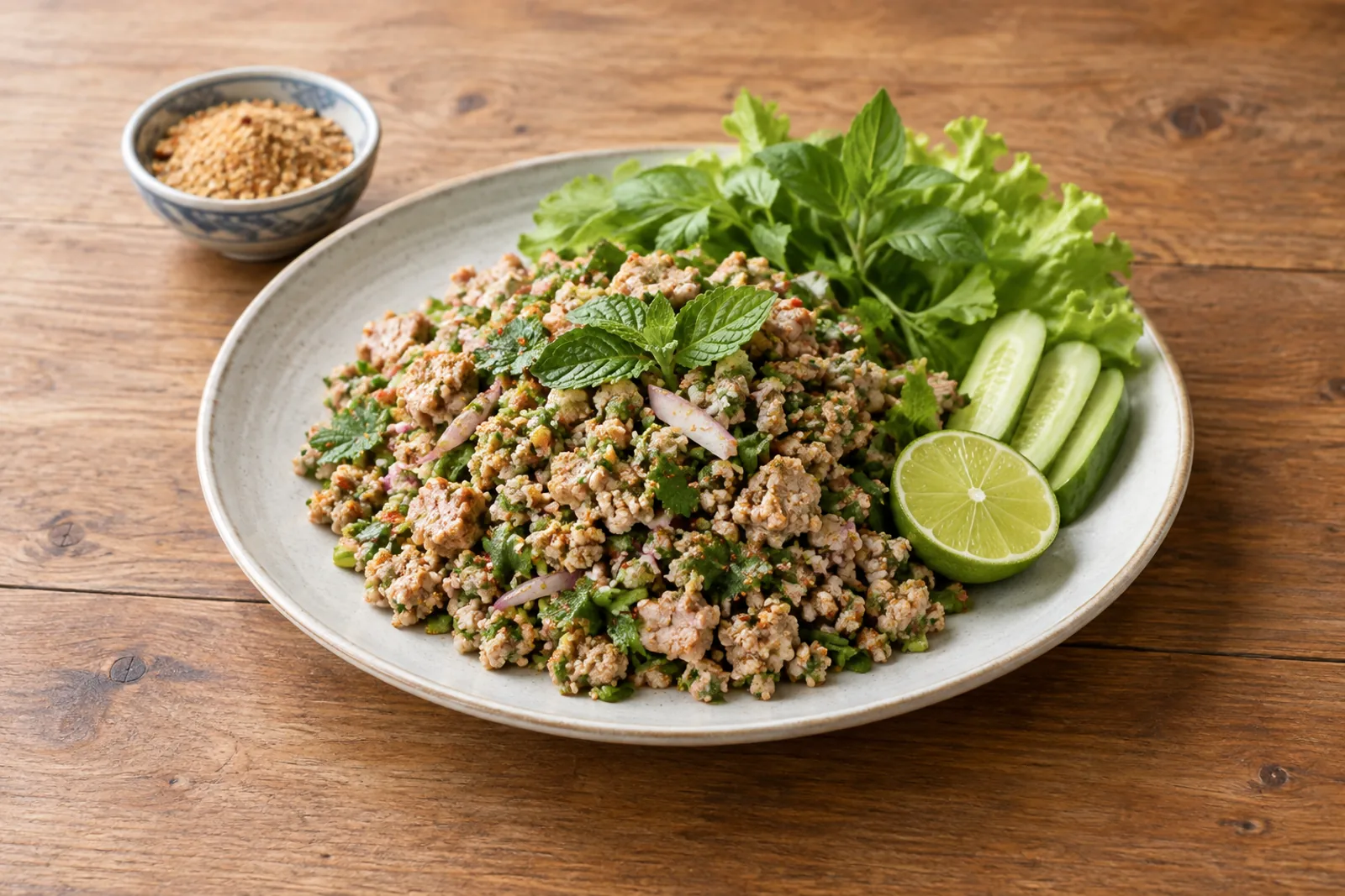A plate of Thai larb with minced pork, red onion, mint and toasted rice powder