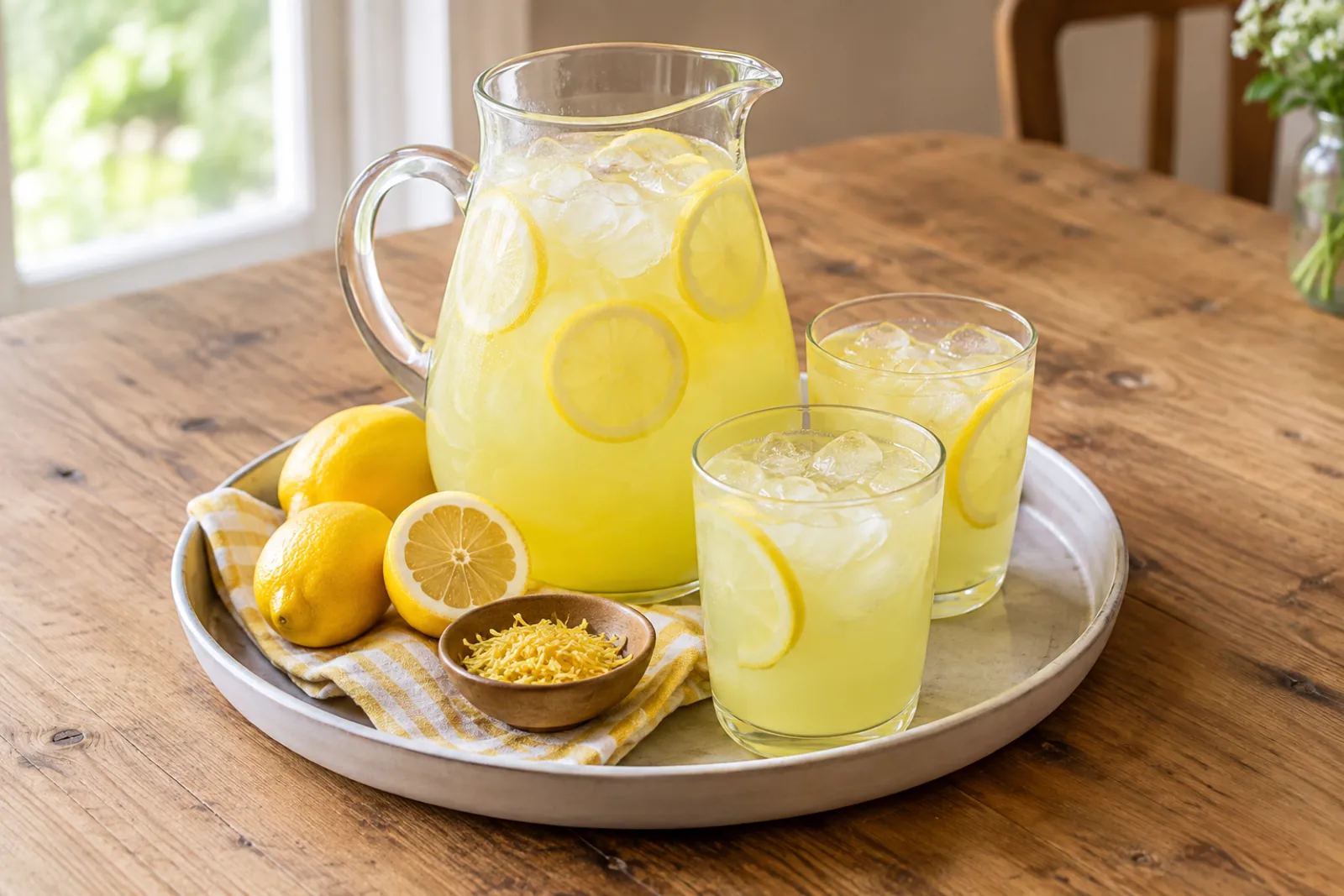 A glass jug of pale yellow cloudy lemonade with lemon slices and ice, beside two glasses
