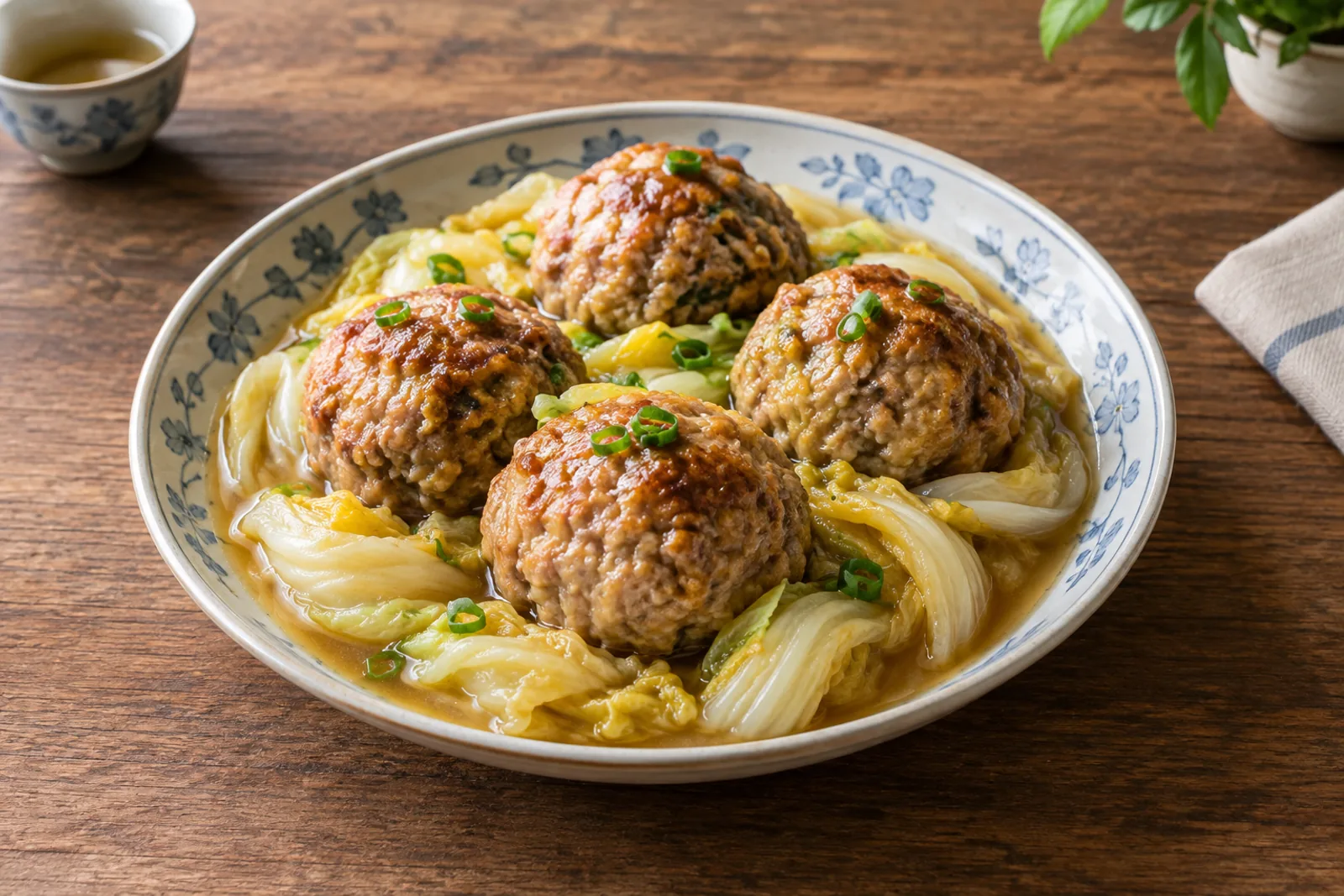 Large pork meatballs braised in a clay pot on a bed of soft napa cabbage leaves