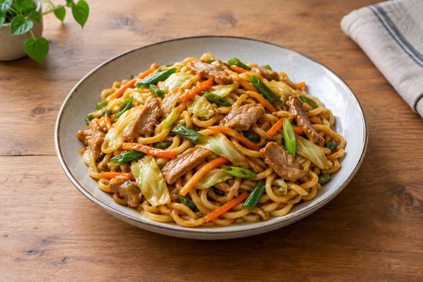 A plate of soft glossy egg noodles tossed with pork strips, cabbage, carrot and spring onion
