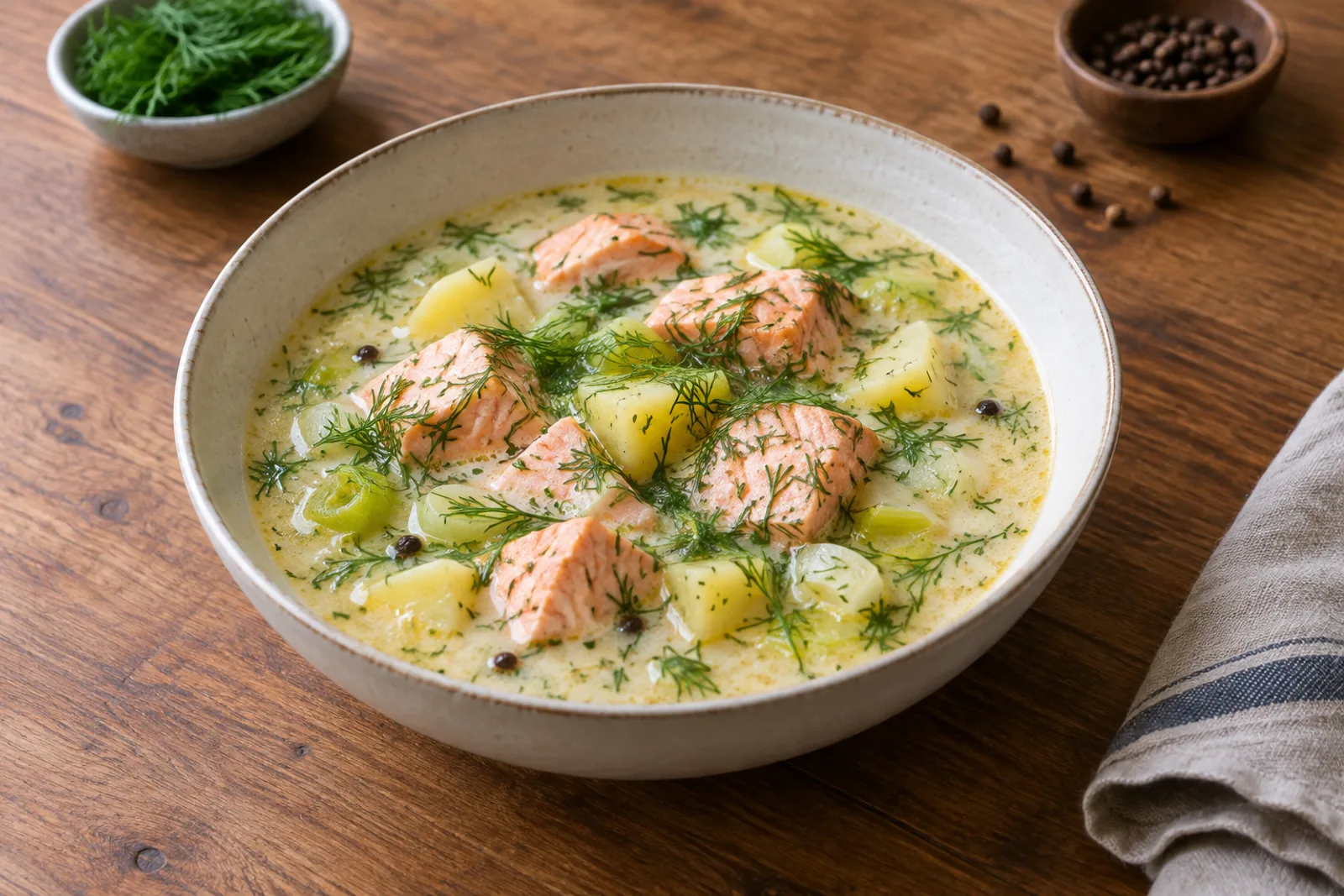 A bowl of creamy Finnish salmon soup with chunks of salmon, potato and a heap of chopped dill