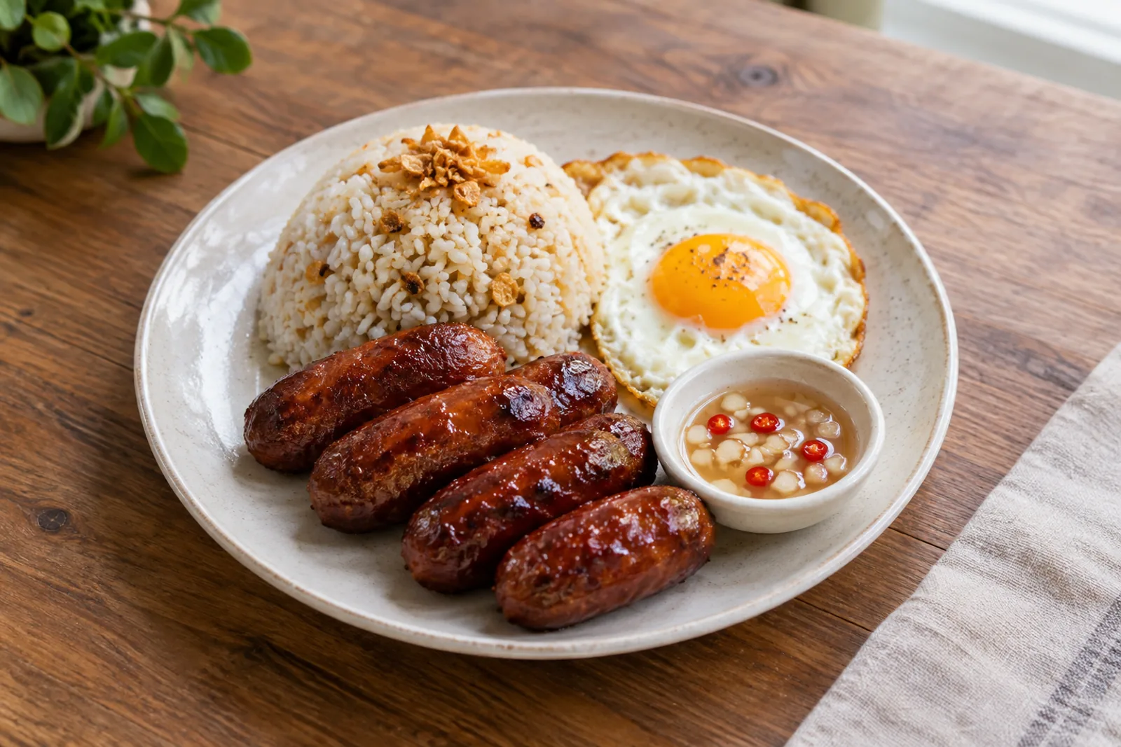 Caramelised skinless pork sausages with garlic fried rice, a fried egg and a dish of vinegar