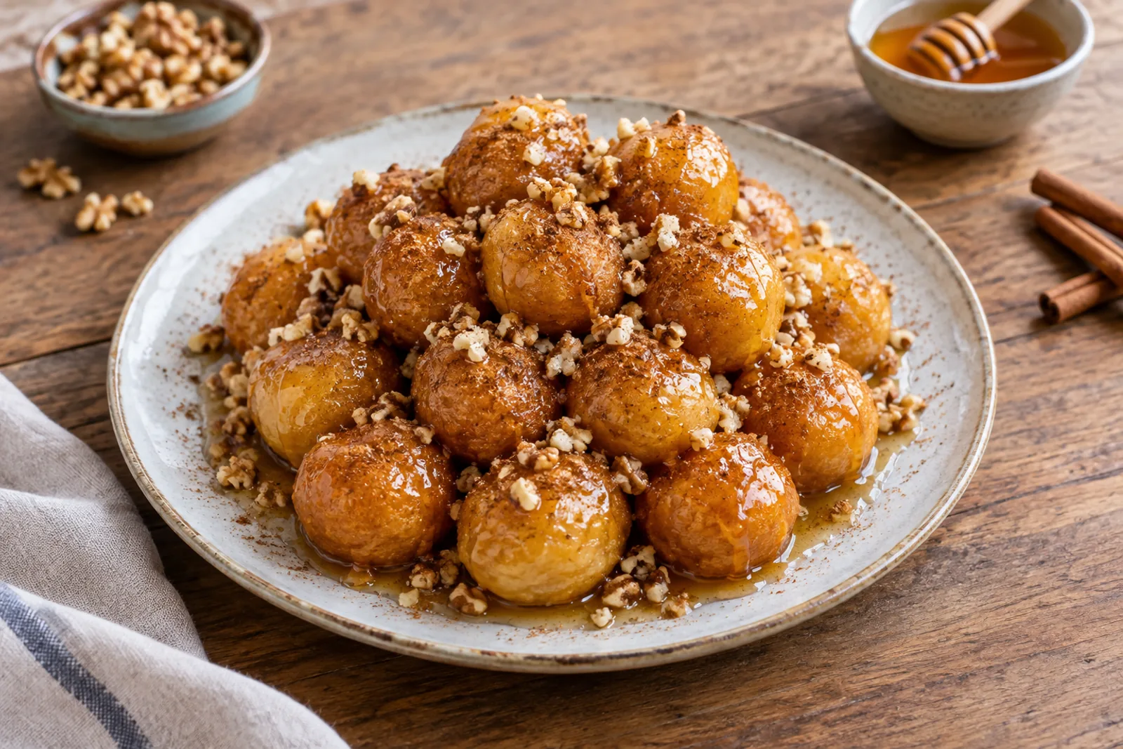 A plate of small golden fried dough balls glistening with honey, cinnamon and chopped walnuts