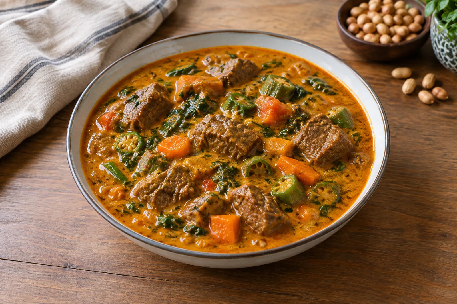 A bowl of orange-brown peanut stew with beef, sweet potato and cabbage over rice
