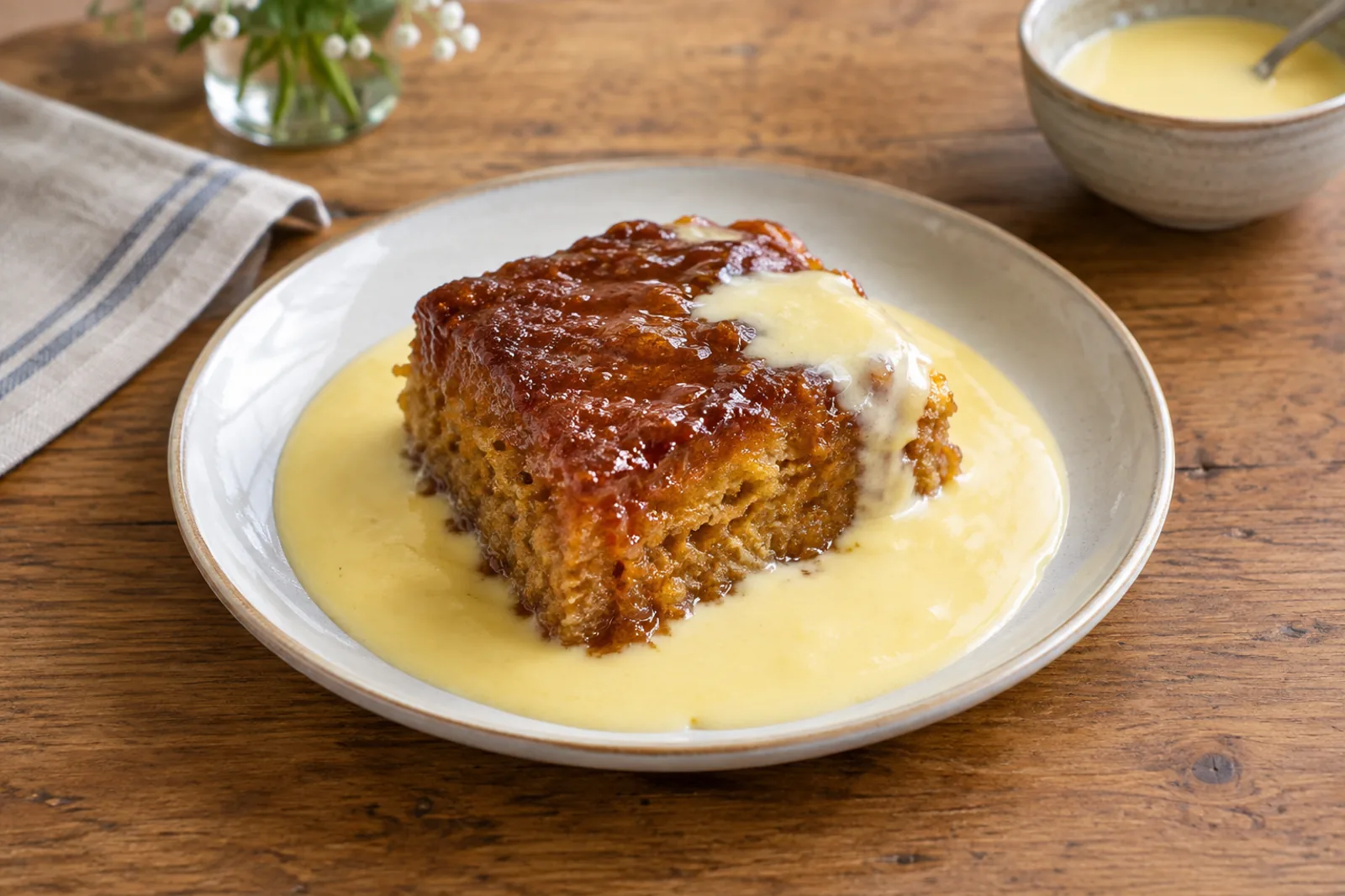 A square of sticky caramel-brown sponge pudding soaked in sauce, with a pour of custard