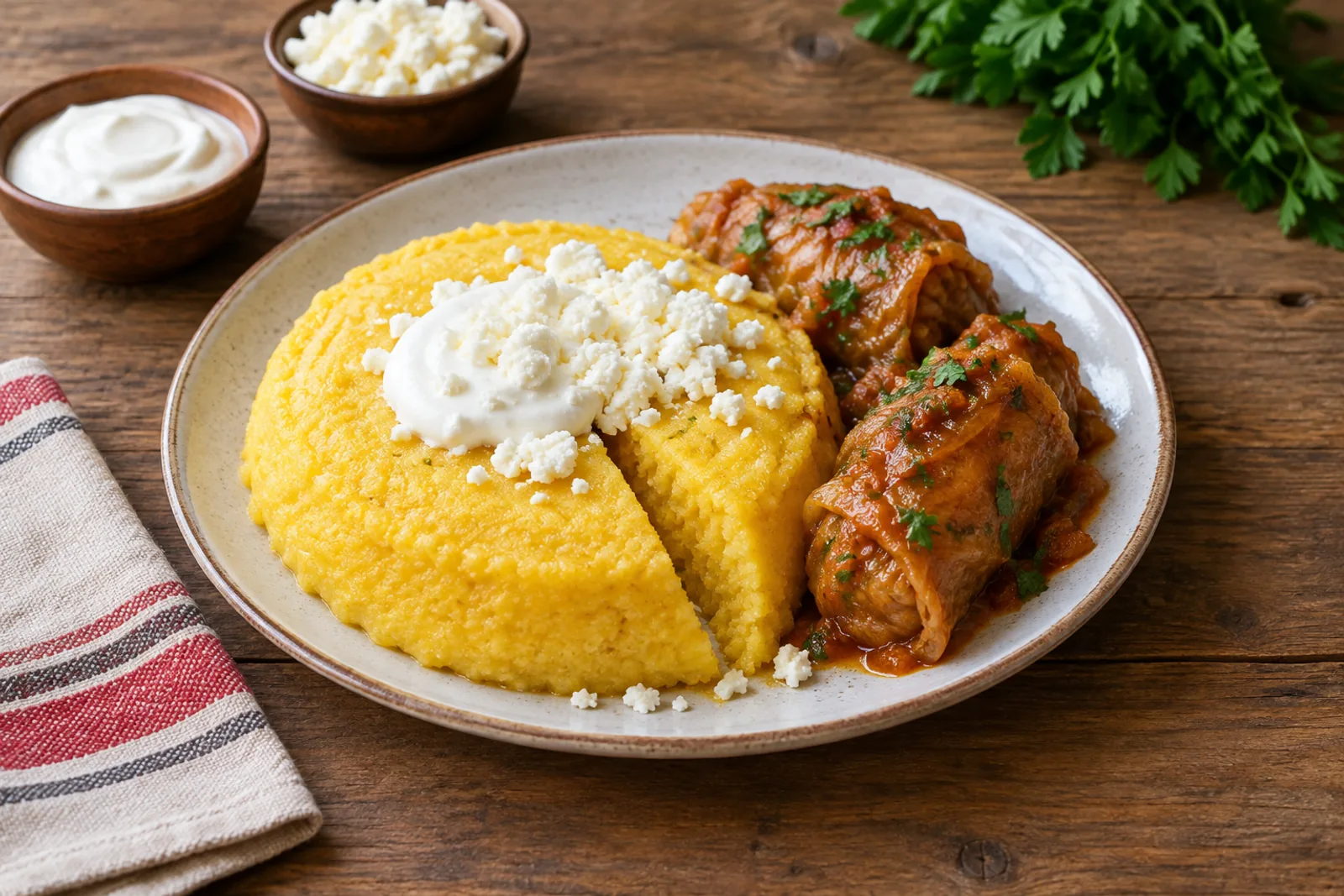 A round of firm yellow cornmeal cut in wedges with a thread, with sour cream and crumbled white cheese