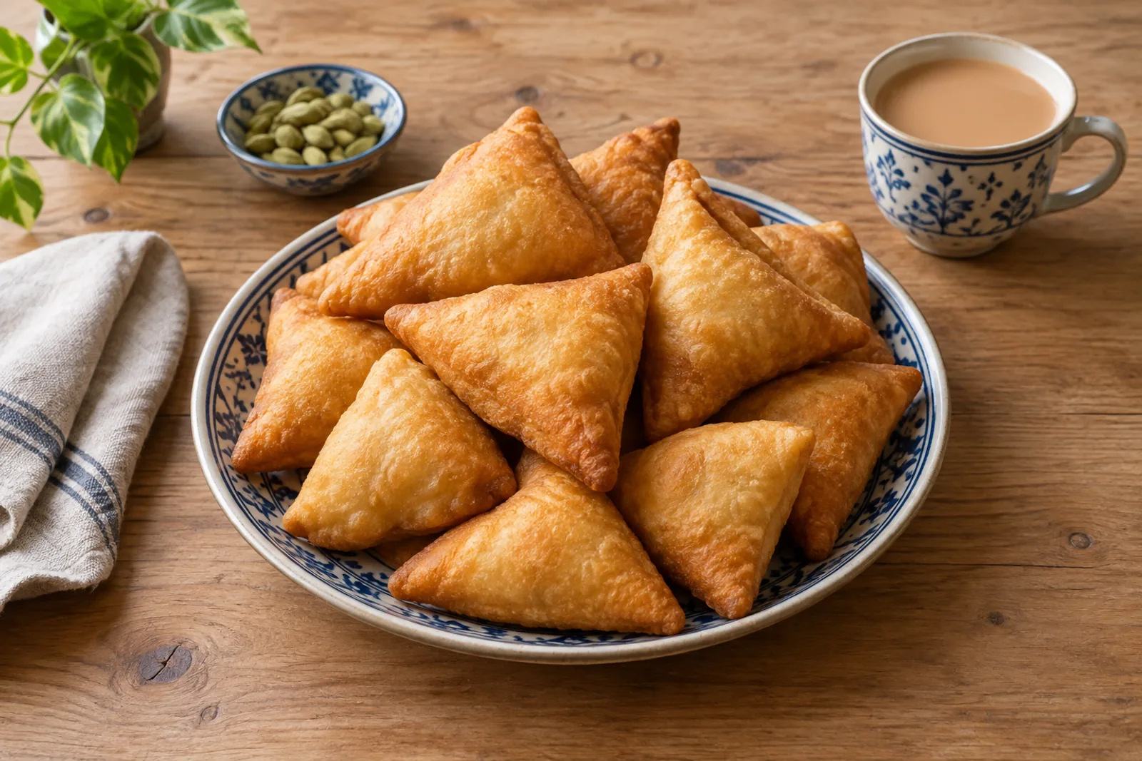 Golden puffed triangular doughnuts on a plate with a cup of spiced milky tea