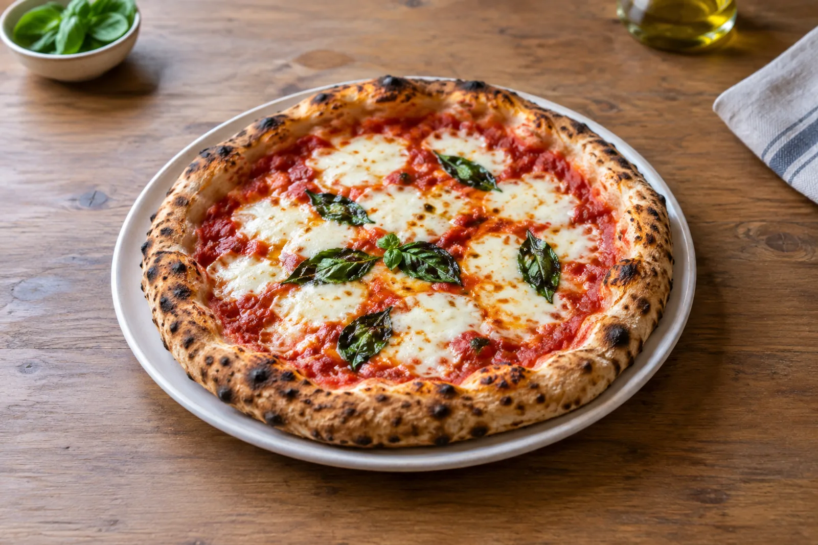 A margherita pizza with a blistered puffed crust, melted mozzarella and fresh basil leaves