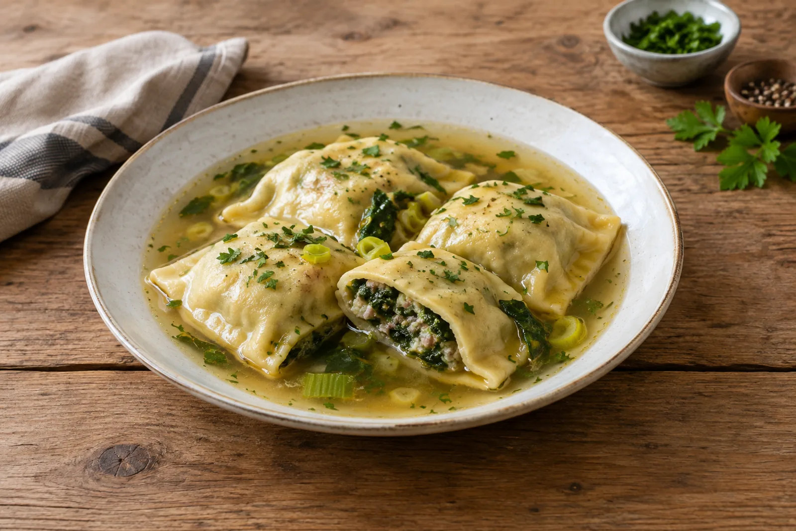 Large square Swabian pasta parcels in clear broth with chives and fried onions