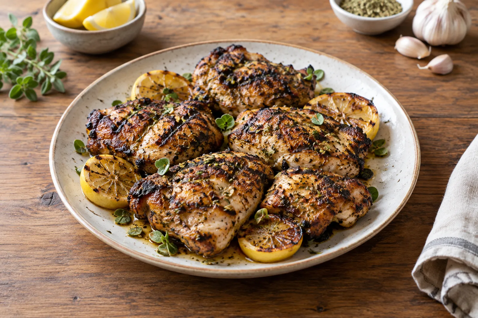 Charred grilled chicken thighs with lemon halves, oregano and chopped parsley on a board
