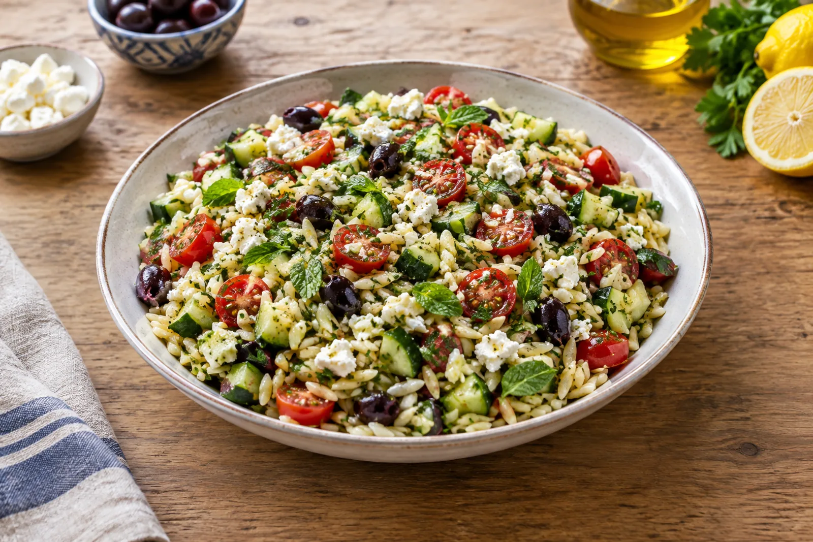 A bowl of orzo pasta salad with cucumber, cherry tomatoes, olives, feta and herbs