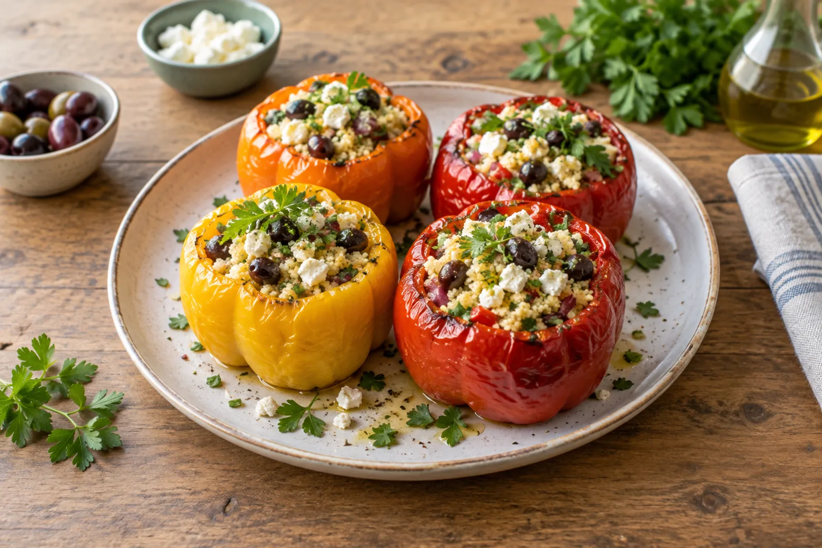 Halved roasted peppers filled with couscous, feta and herbs in a baking dish