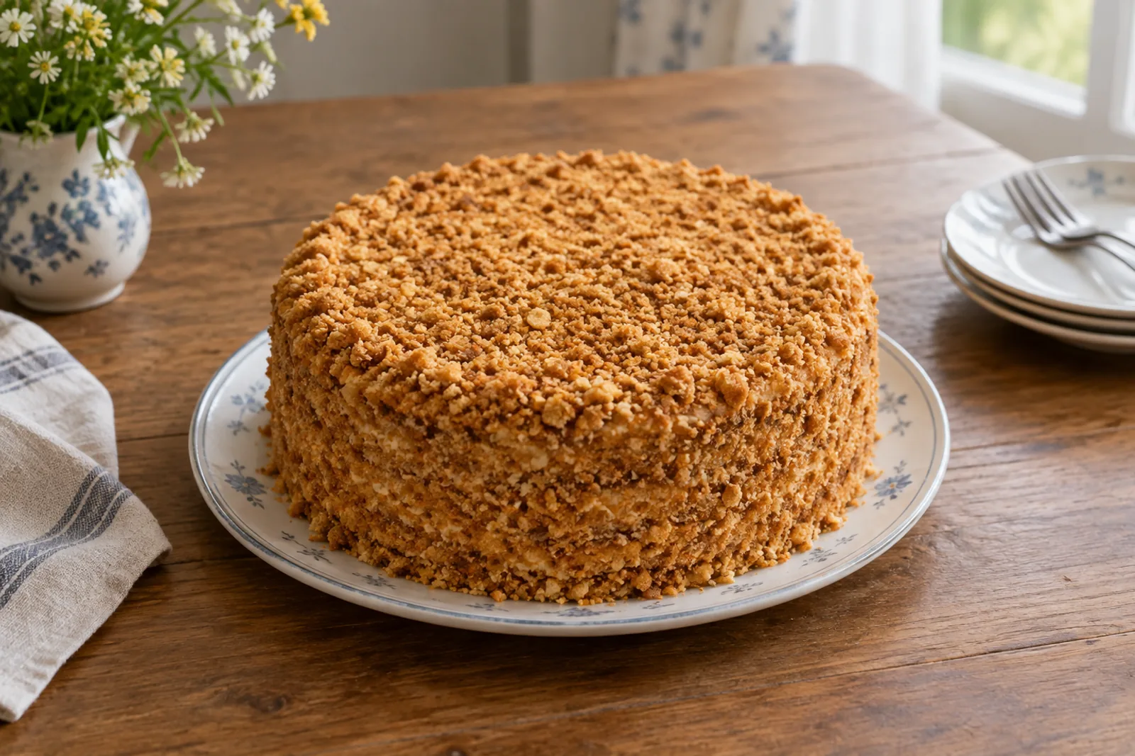 A tall layered honey cake covered in fine crumbs, with a slice cut to show many thin layers