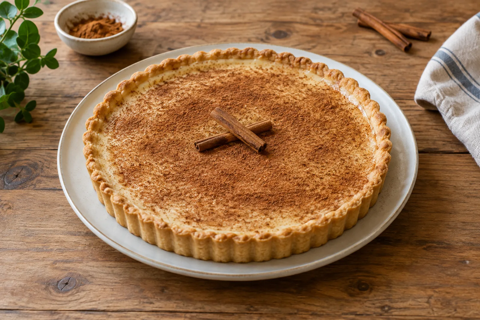 A round tart with a pale set custard filling thickly dusted with cinnamon, a slice removed