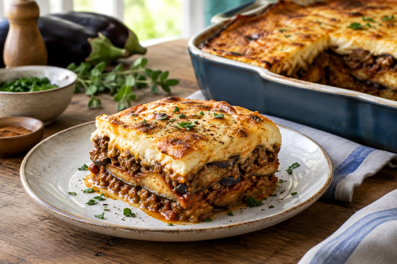 A slice of moussaka showing layers of aubergine, lamb sauce and golden béchamel