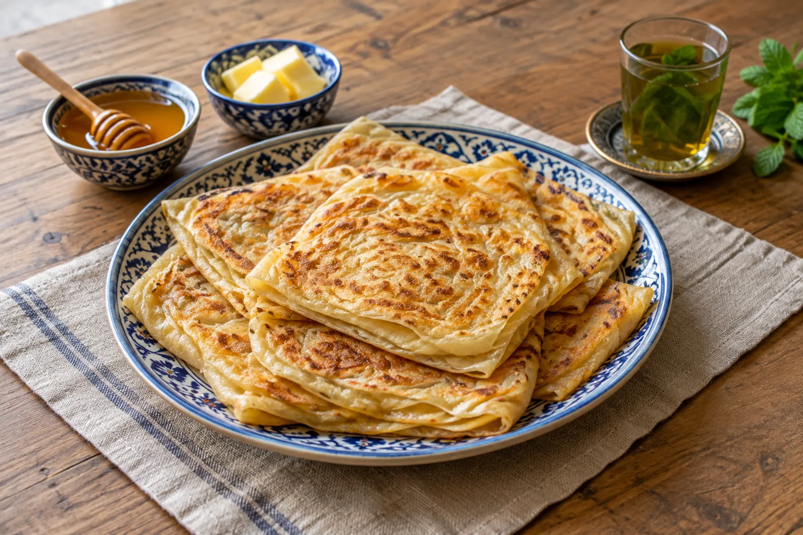 Square layered golden flatbreads stacked on a plate with honey and a glass of mint tea