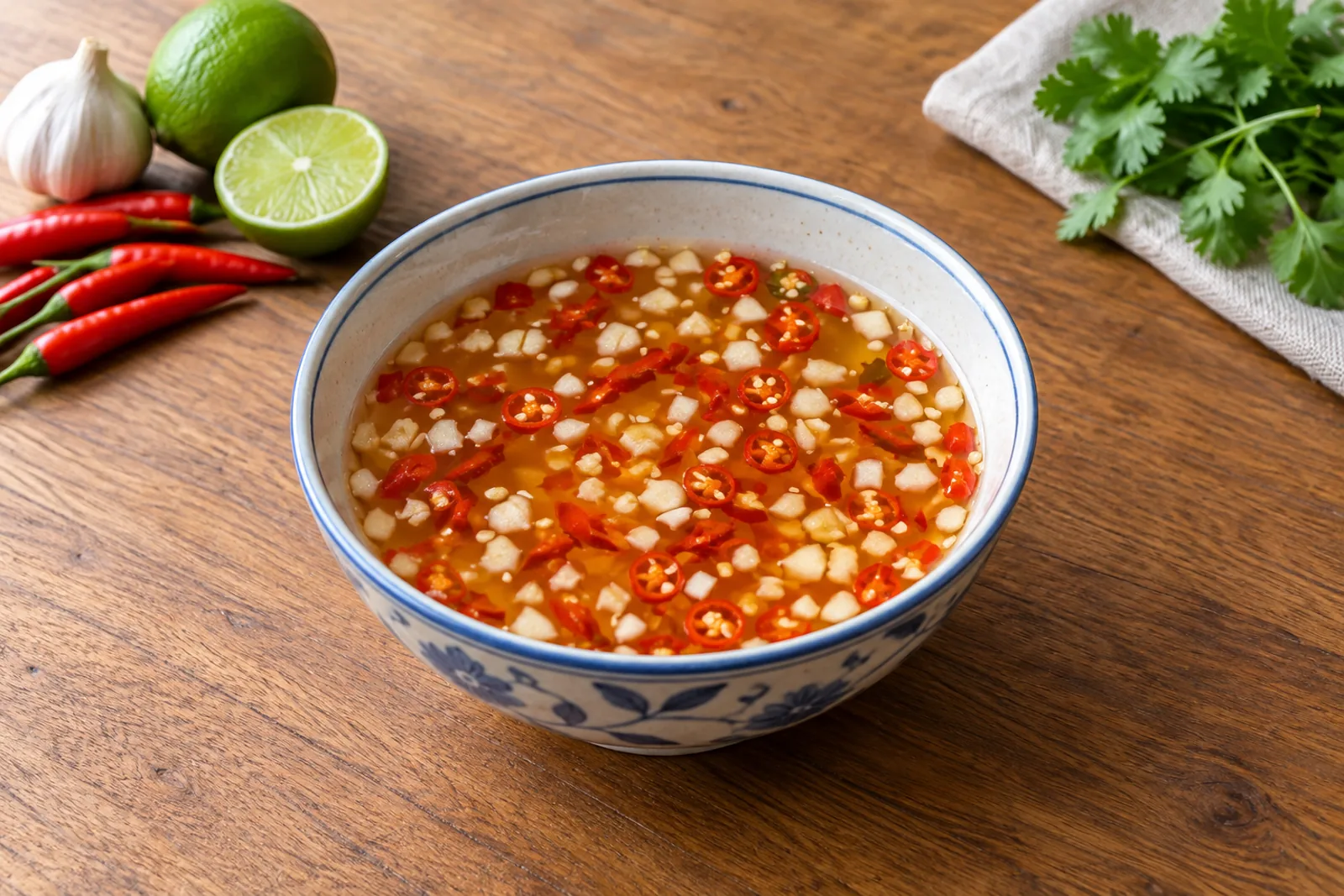 A small bowl of amber dipping sauce with floating slices of red chilli and garlic