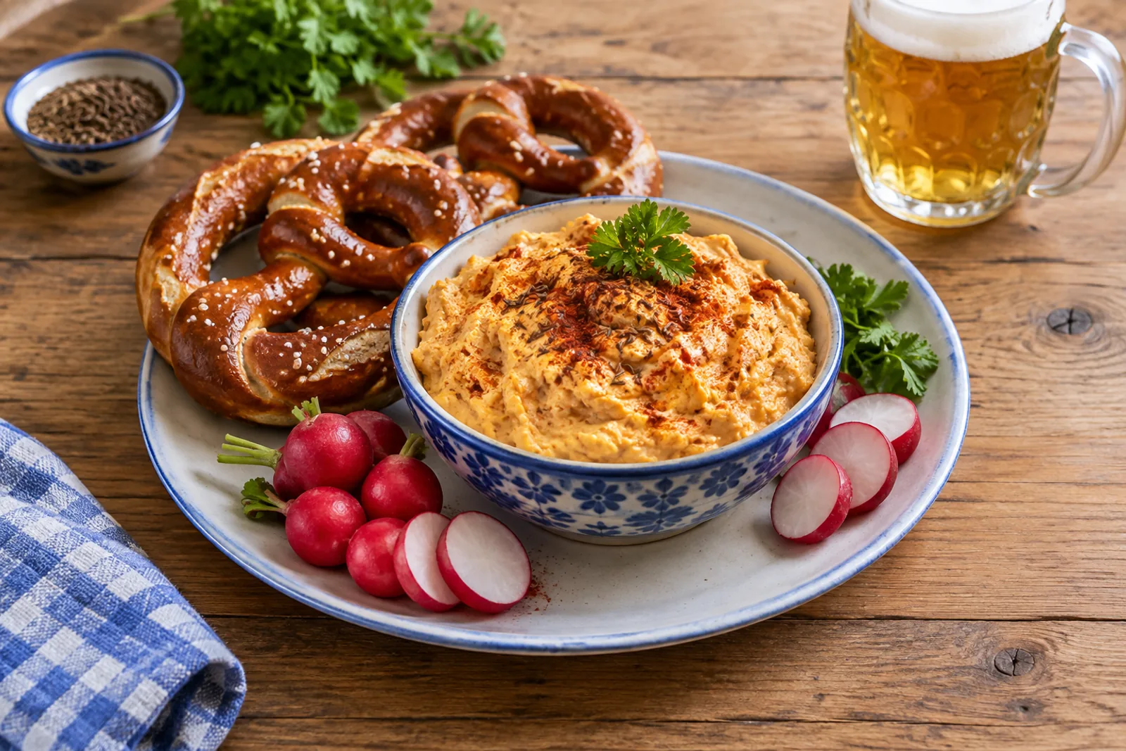 A bowl of orange cheese spread with sliced onion rings, radishes and a pretzel