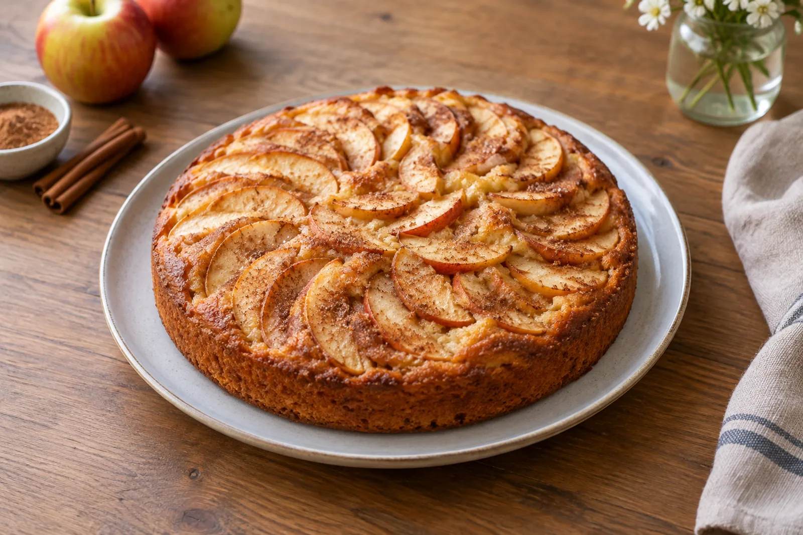 A golden Finnish apple pie in a round tin, its top covered with overlapping rings of cinnamon-sugared apple slices