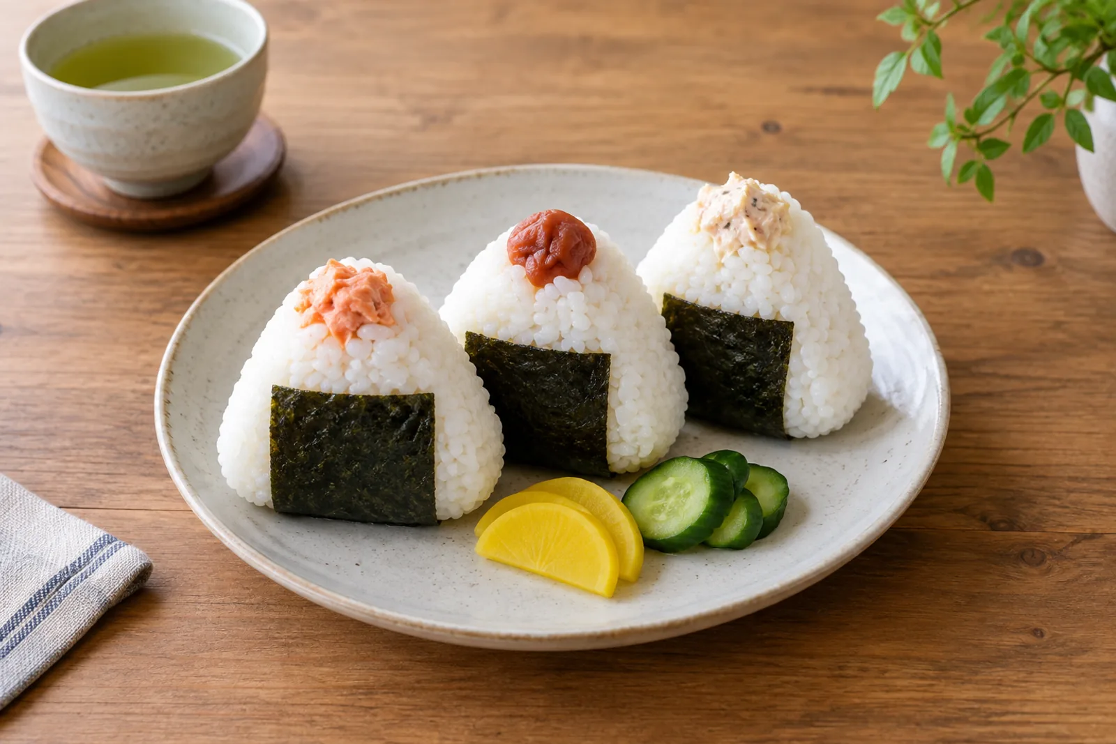 Trekantede japanske riskugler pakket ind i strimler af nori, hvor der er taget en bid af den ene, så laksefyldet ses