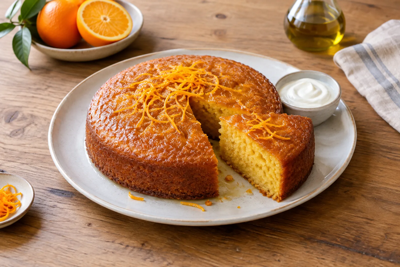A golden round cake glazed with orange syrup, a slice cut out