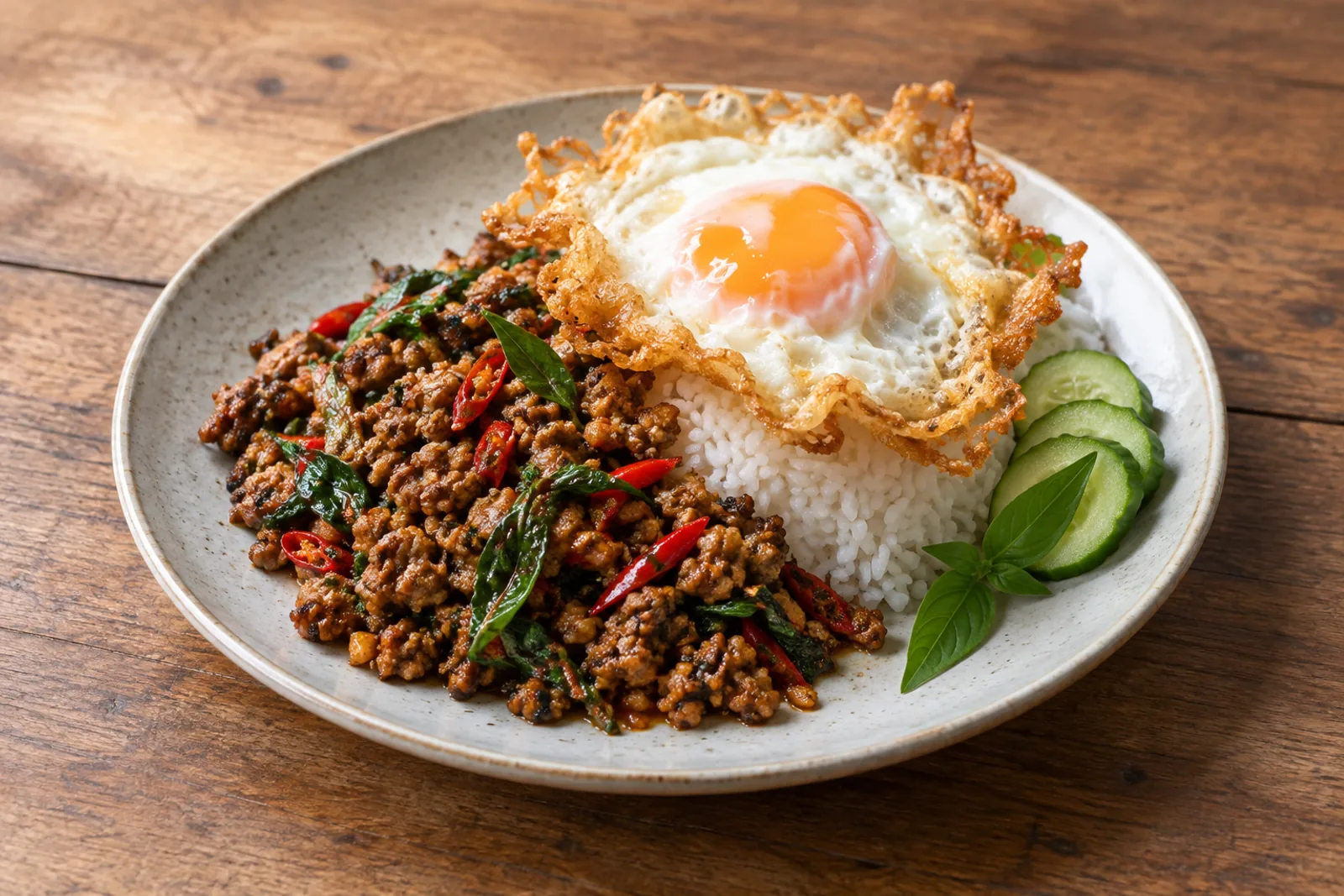 Minced pork with holy basil and chilli over steamed rice, topped with a fried egg with crisp brown lacy edges