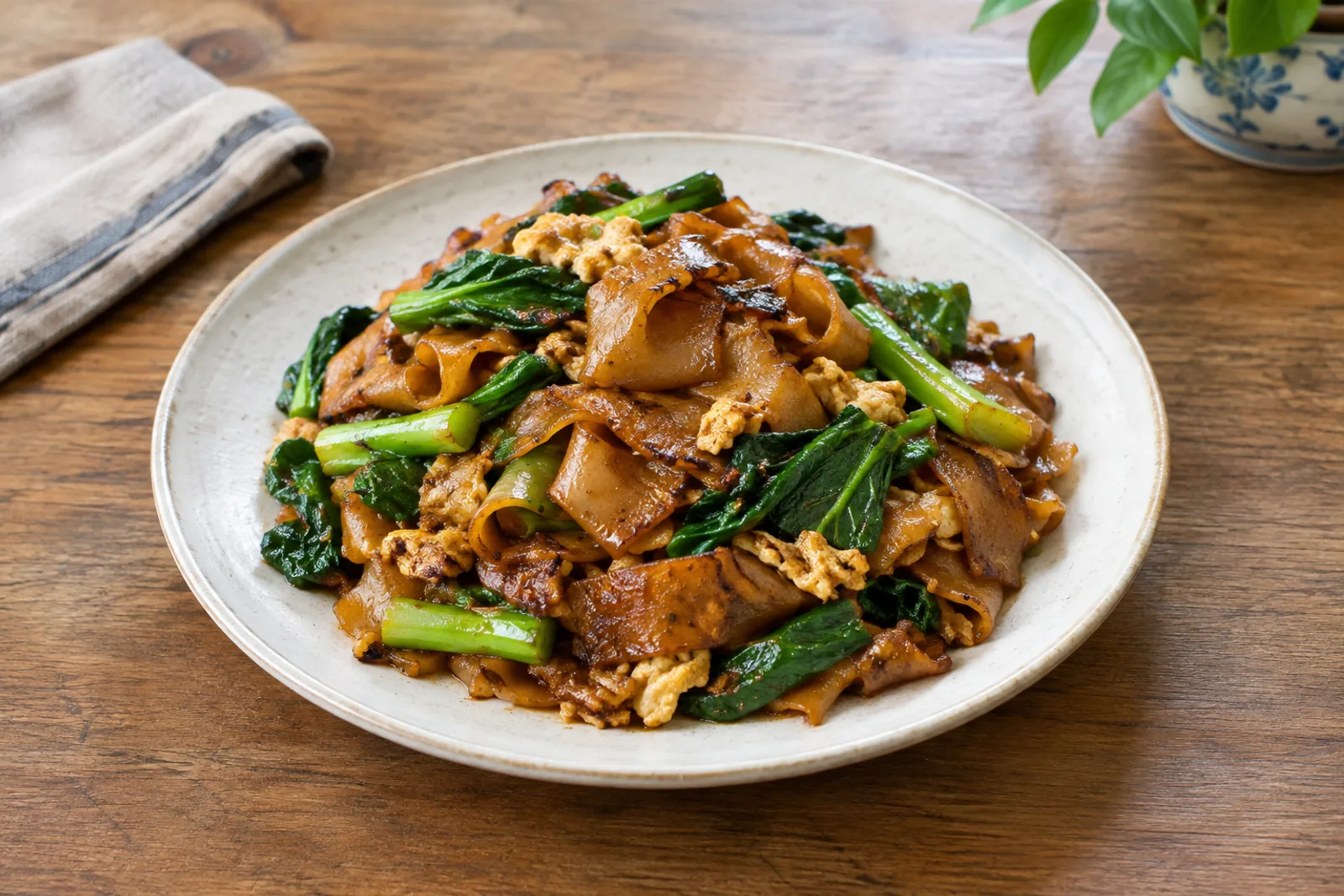 Wide charred rice noodles with Chinese broccoli, chicken and egg in a wok