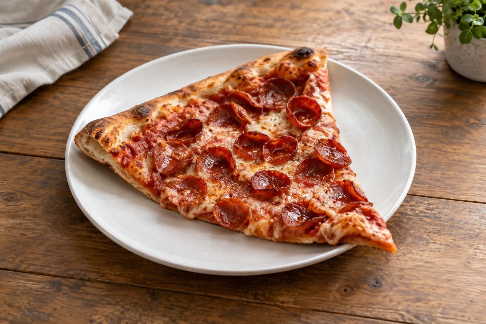 A large thin-crust pizza with melted mozzarella and crisp curled pepperoni, one slice folded
