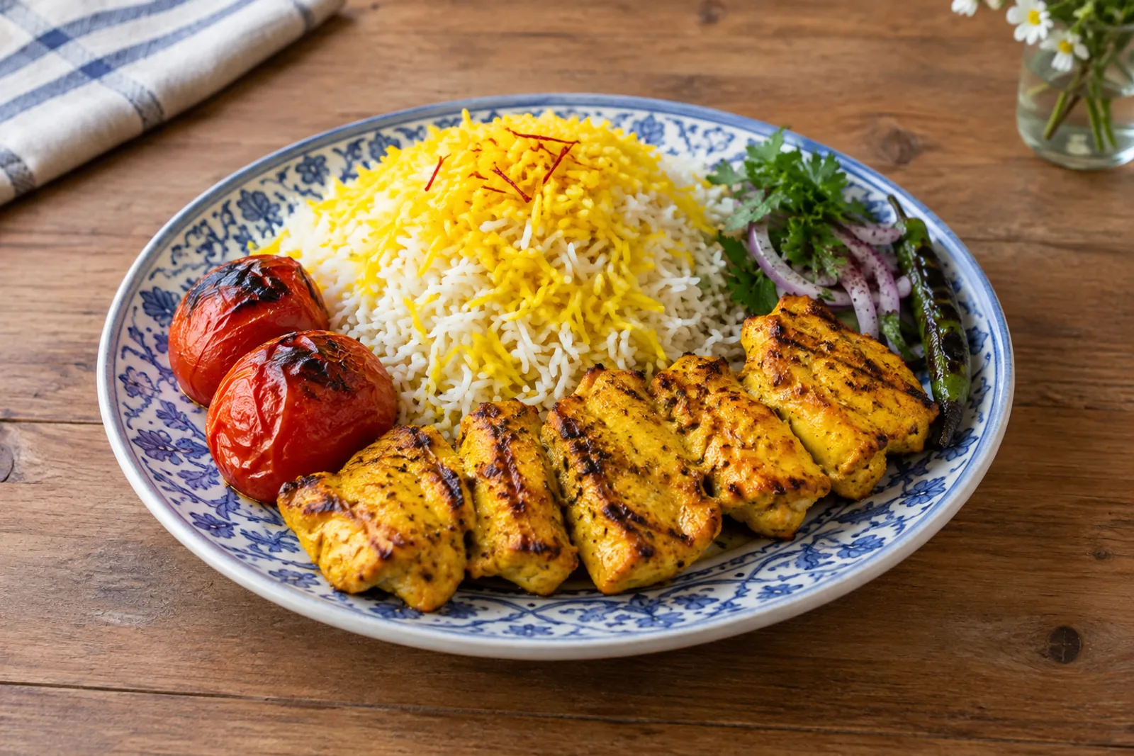 Golden saffron chicken skewers with charred grilled tomatoes and rice