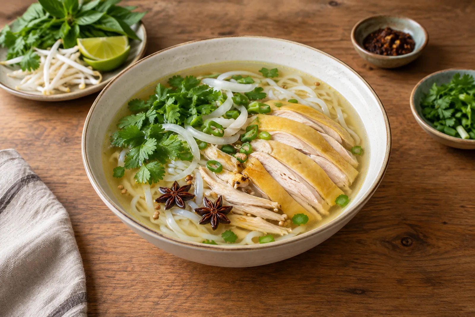 A bowl of phở gà with shredded chicken, rice noodles, spring onion and coriander in a clear golden broth