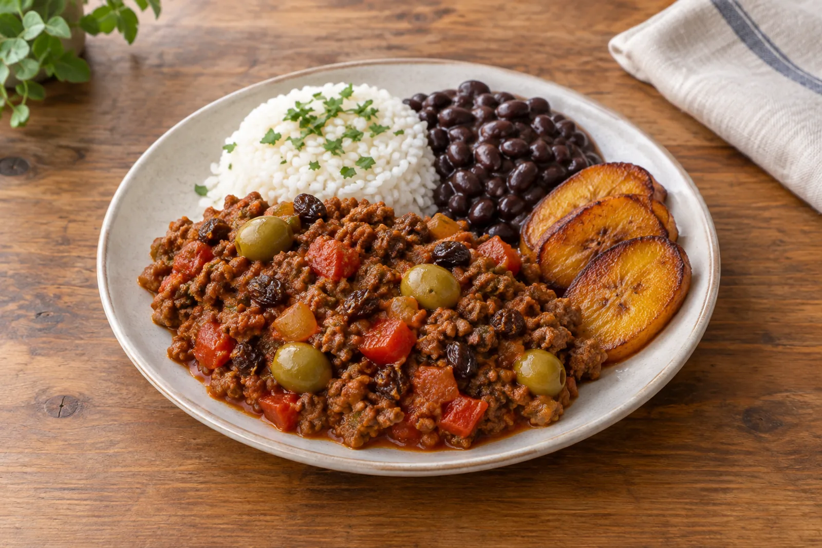 A pan of minced beef in tomato sauce with green olives, raisins and diced potato