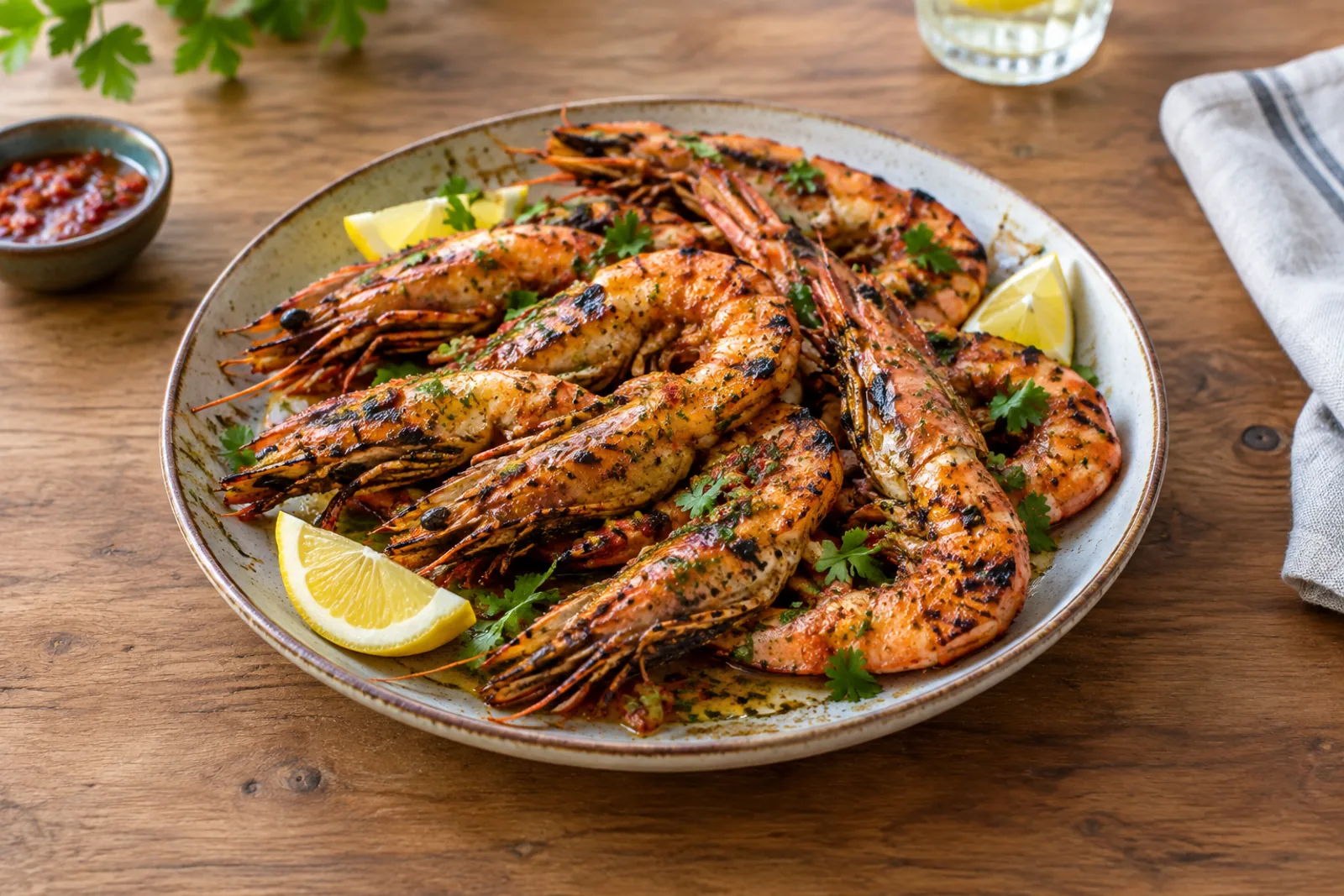 Charred shell-on king prawns glazed in red chilli sauce with lemon wedges