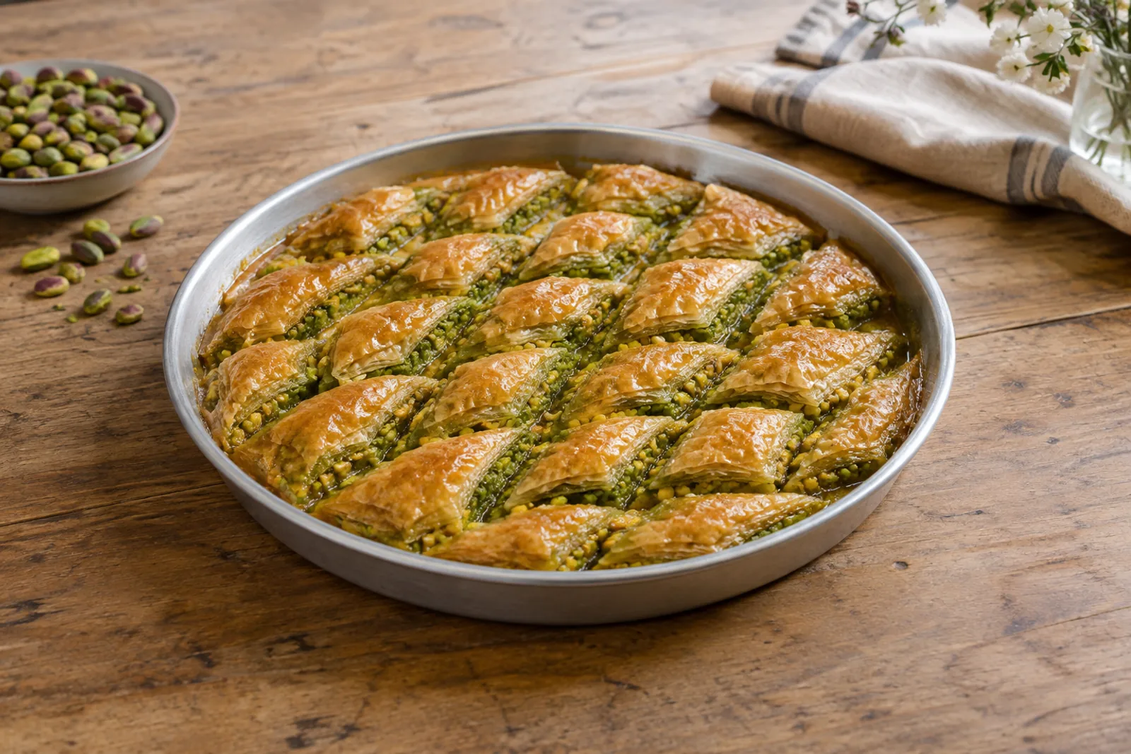 Squares of crisp layered pastry with a bright green pistachio layer, sprinkled with ground pistachio
