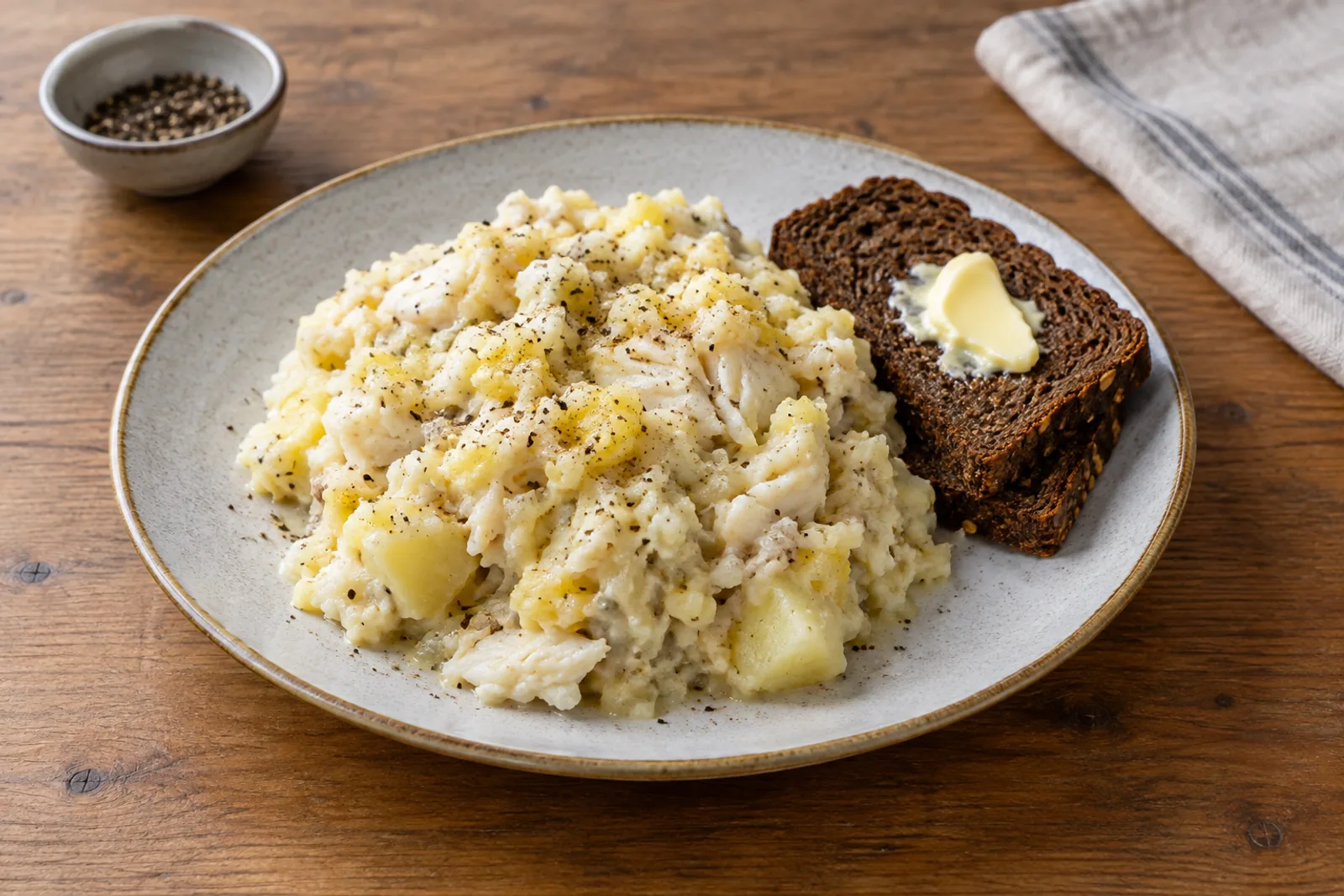 A bowl of creamy flaked fish and potato mash with chives, beside dark rye bread and butter