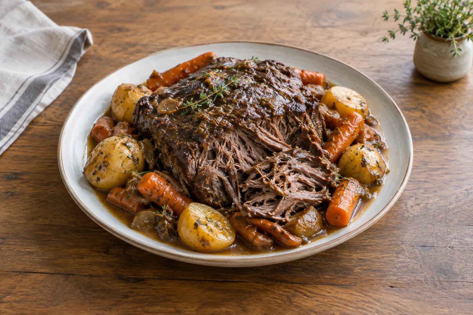 A braised beef chuck roast in a Dutch oven with carrots, potatoes and dark gravy