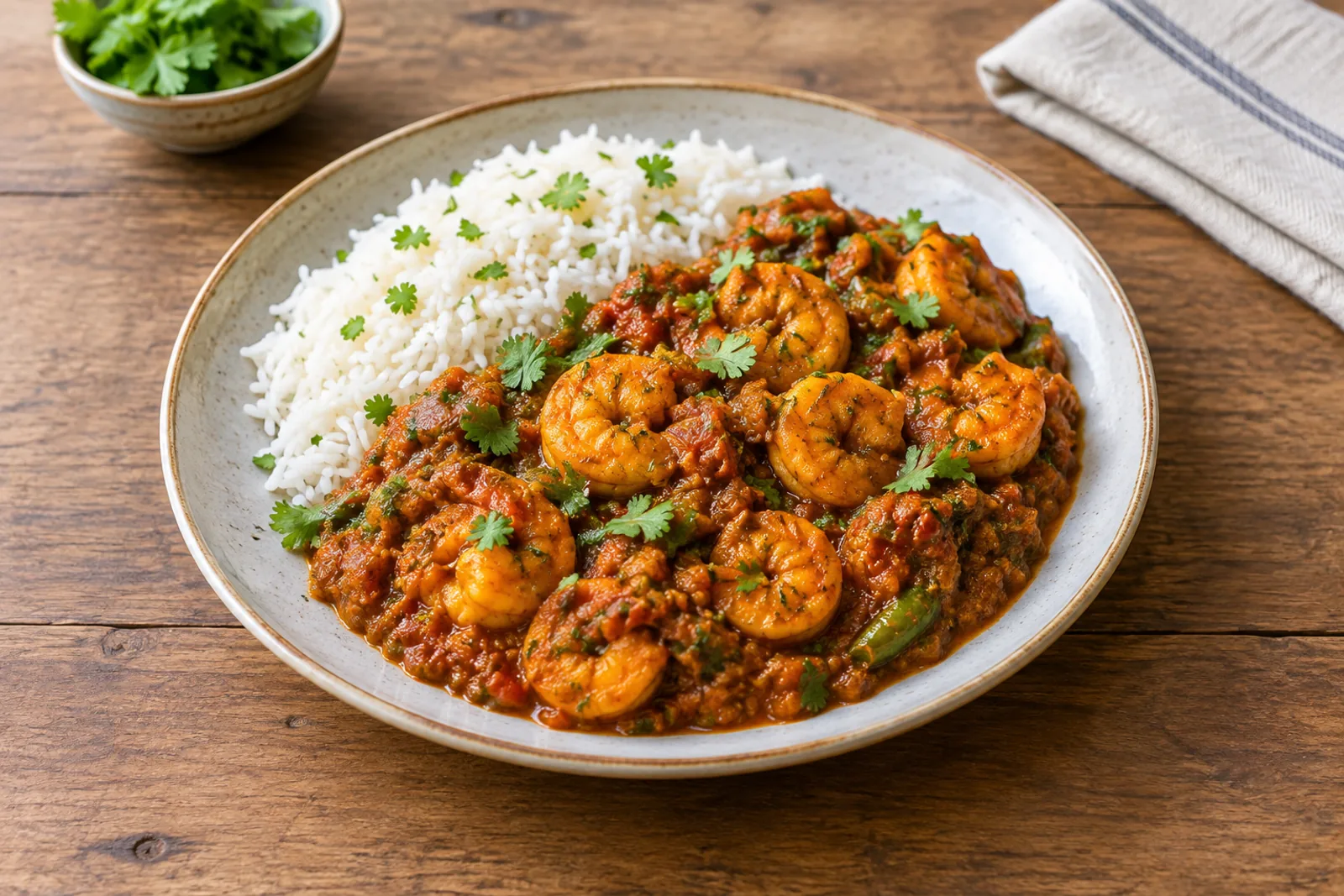 A pan of pink prawns in a thick, dark red spiced tomato masala garnished with fresh coriander