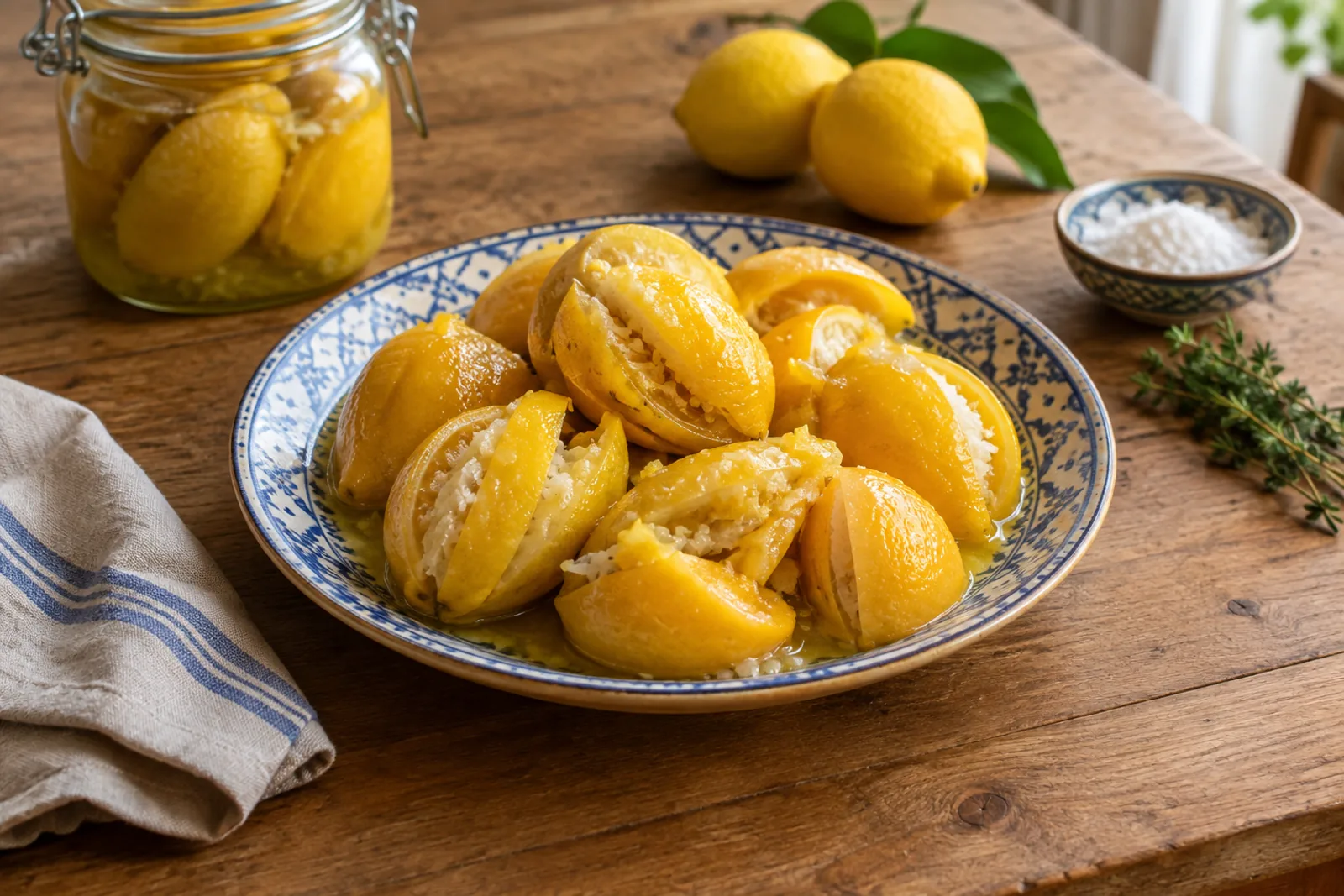 A glass jar packed with quartered lemons in salt and juice, with bay leaves and peppercorns
