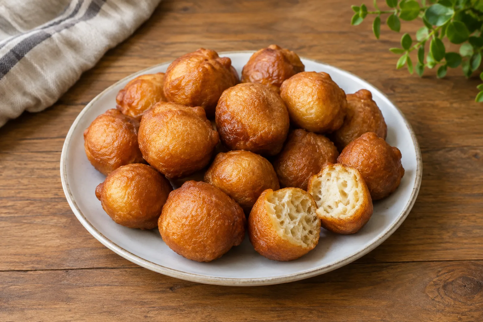A bowl of golden brown puff puff dough balls dusted with sugar