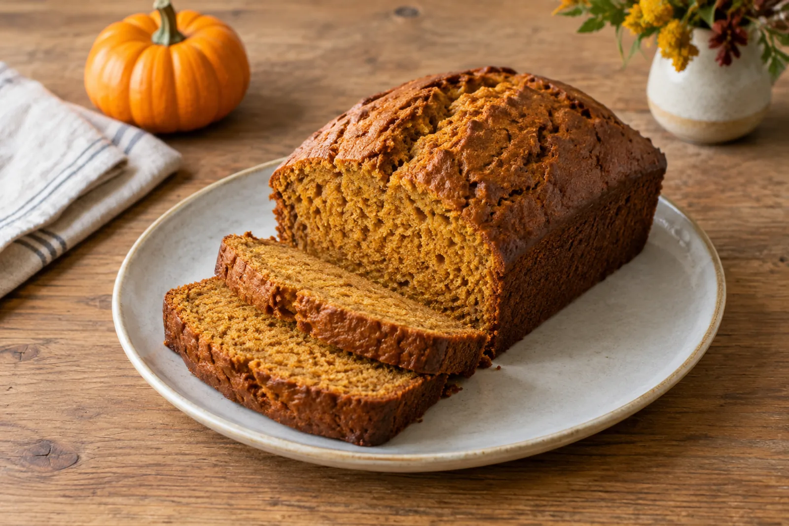 A partly sliced loaf of pumpkin bread on a wooden board, its cracked, domed top scattered with pumpkin seeds and its crumb moist and orange-brown.
