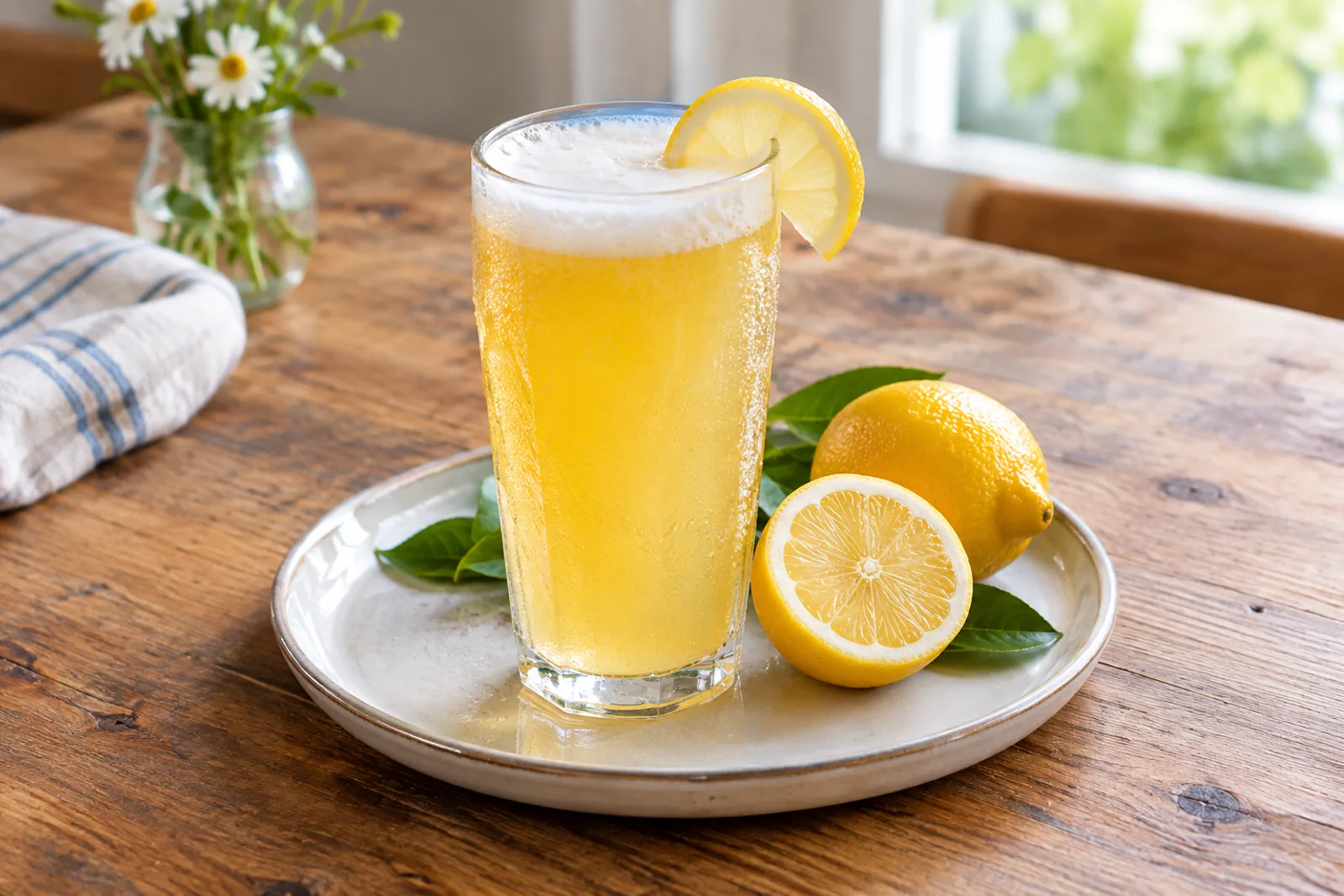 Two tall glasses of pale golden beer and lemonade with foam and a lemon slice