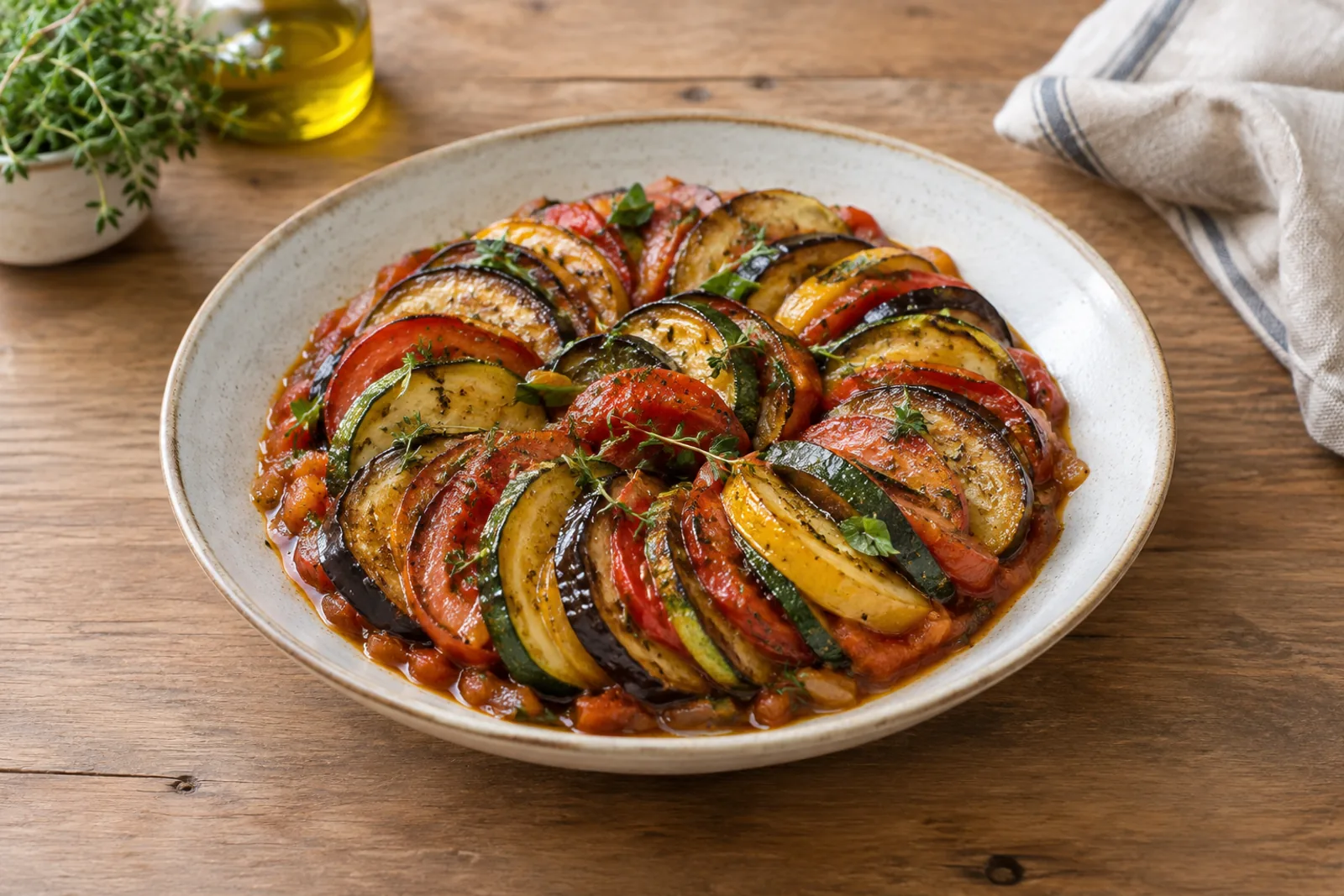 A dish of ratatouille with distinct pieces of aubergine, courgette, pepper and tomato, basil on top