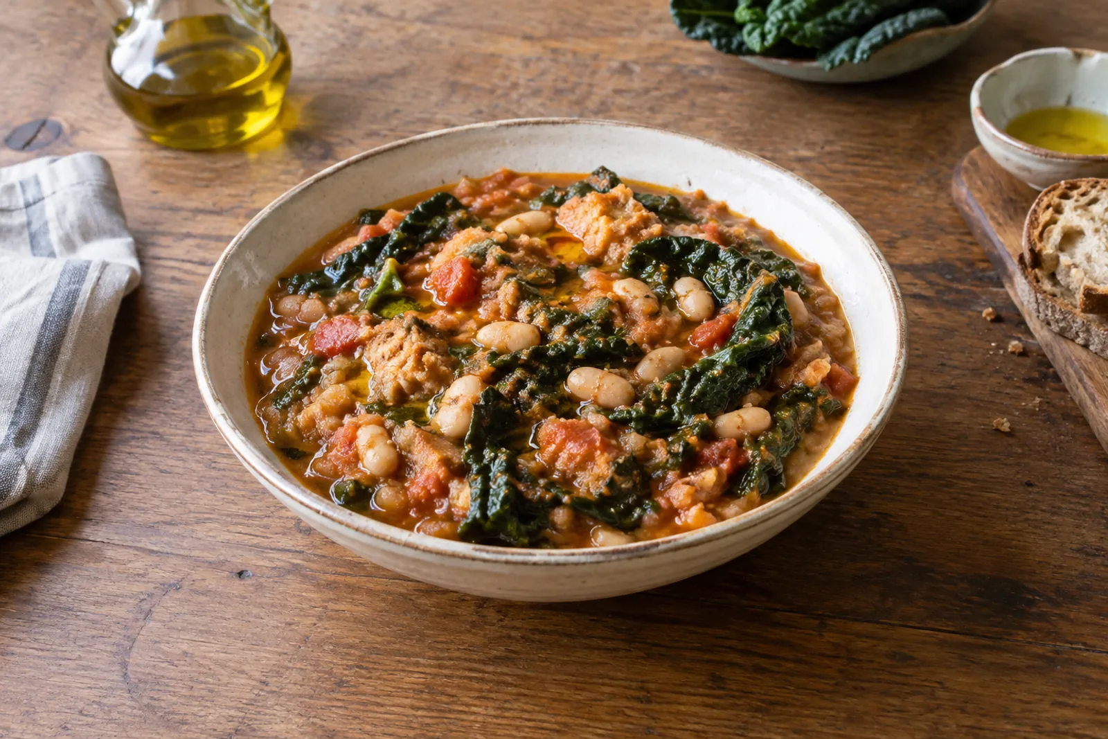 A bowl of very thick bean, cabbage and bread soup with a drizzle of green olive oil