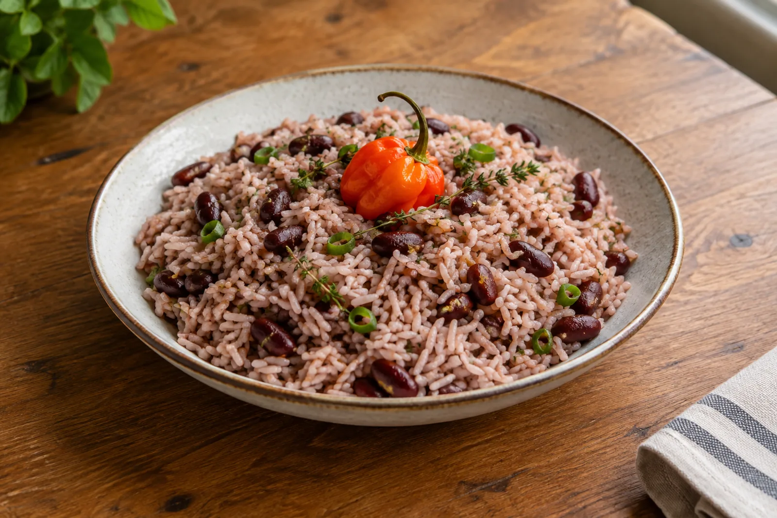 A pot of pale pink-tinged rice flecked with red kidney beans and thyme leaves, a whole orange scotch bonnet chilli resting on the surface