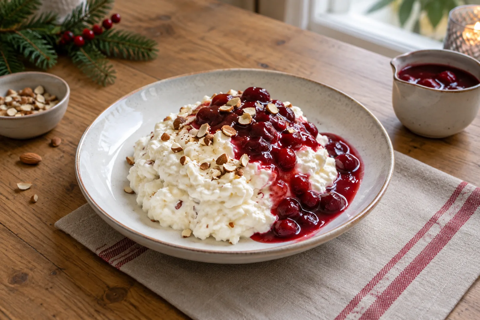 Glasses of creamy cold rice pudding with chopped almonds and a dark cherry sauce