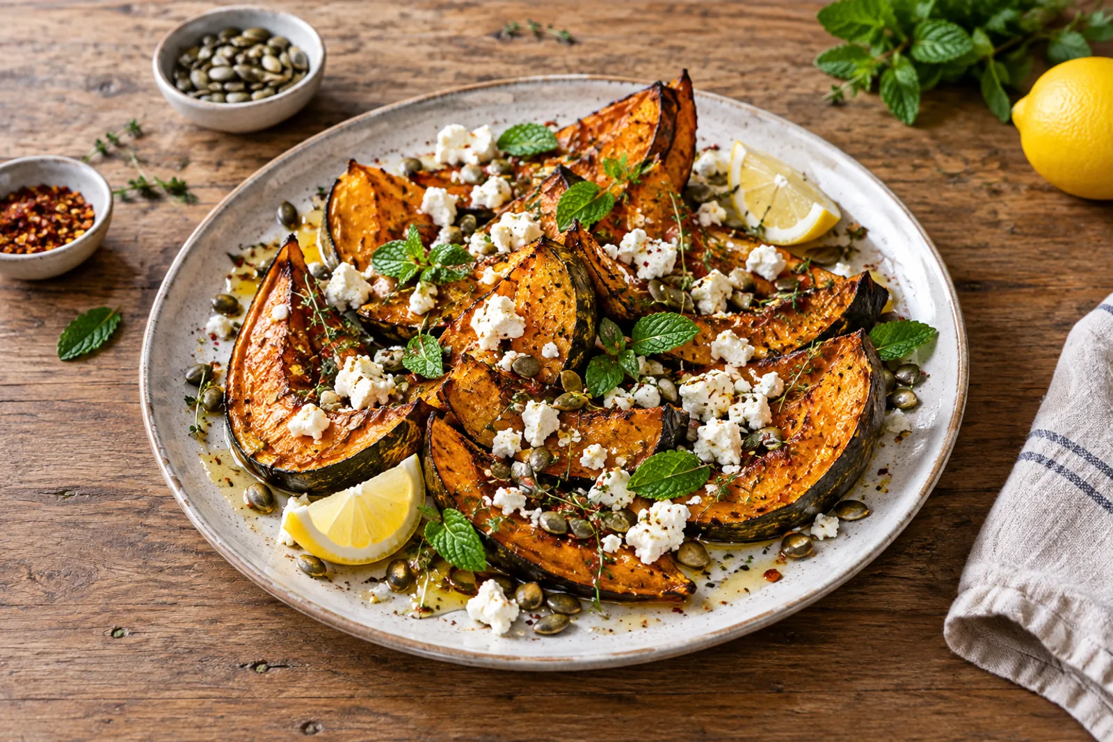 Caramelised pumpkin wedges on a platter, scattered with crumbled feta, toasted pumpkin seeds, mint leaves and lemon zest and glossy with honey.